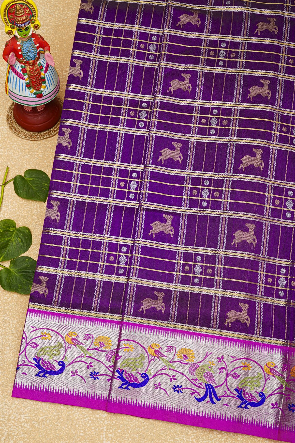 Venkatagiri Silk Purple Saree With Checks And Deer Buttis Body