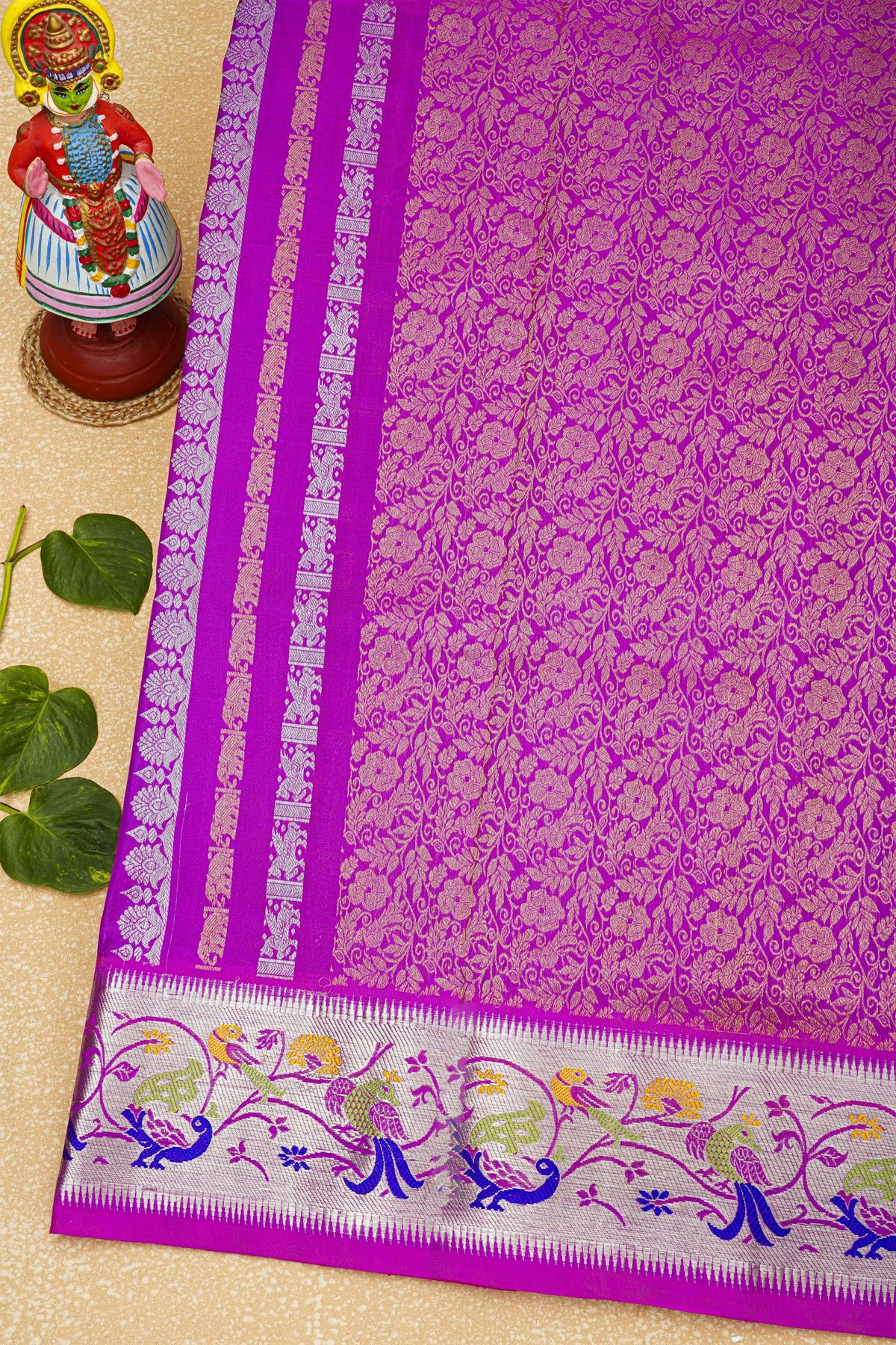 Venkatagiri Silk Purple Saree With Checks And Deer Buttis Body