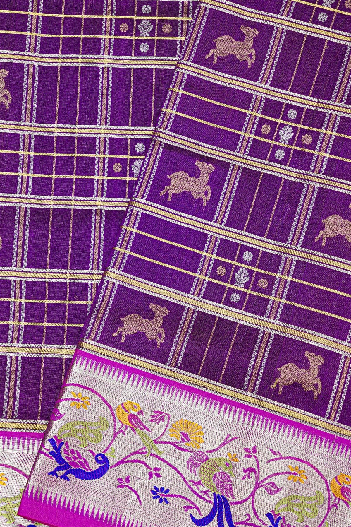 Venkatagiri Silk Purple Saree With Checks And Deer Buttis Body