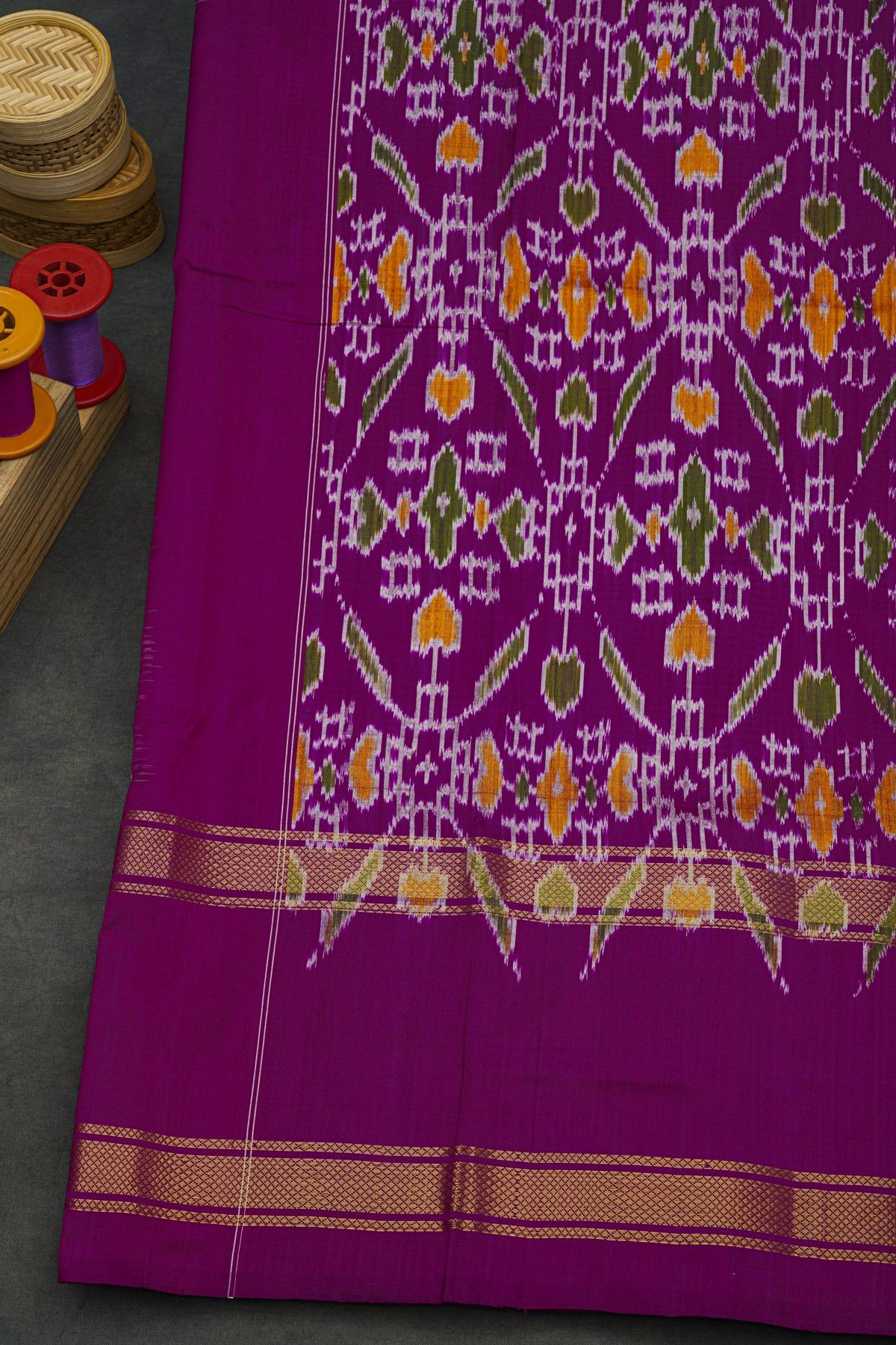 Ikat Silk Dual Colour Saree With Gap Border