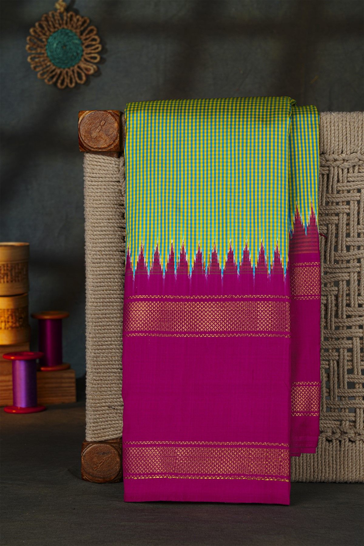 Ikat Silk Dual Colour Saree With Gap Border