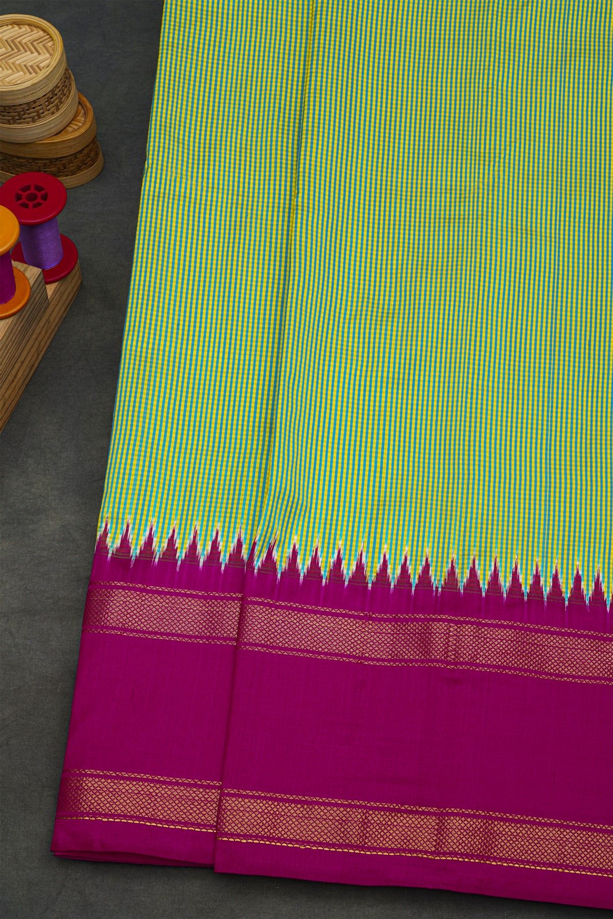 Ikat Silk Dual Colour Saree With Gap Border