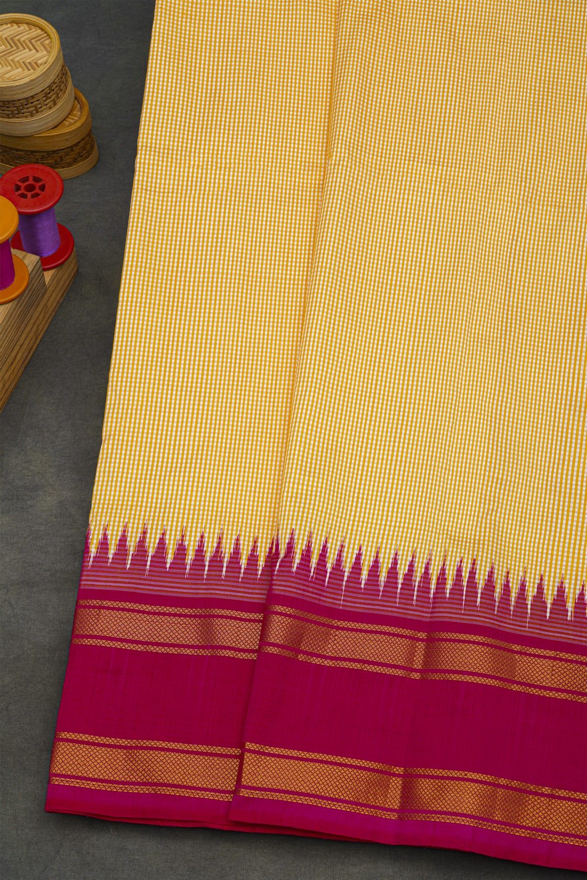 Ikat Silk Multi-Colour Saree With Multi-Coloured Checks Body