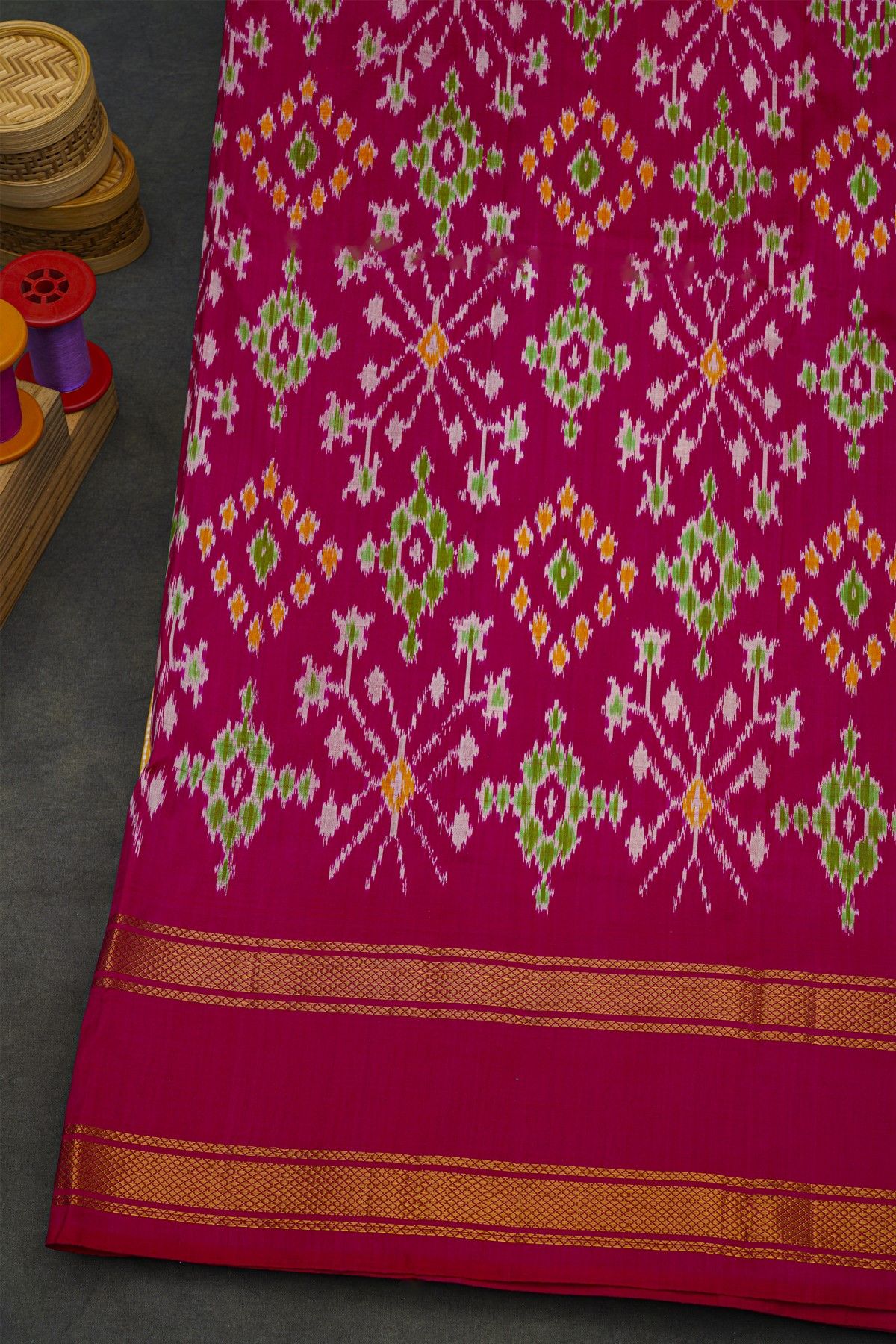 Ikat Silk Multi-Colour Saree With Multi-Coloured Checks Body
