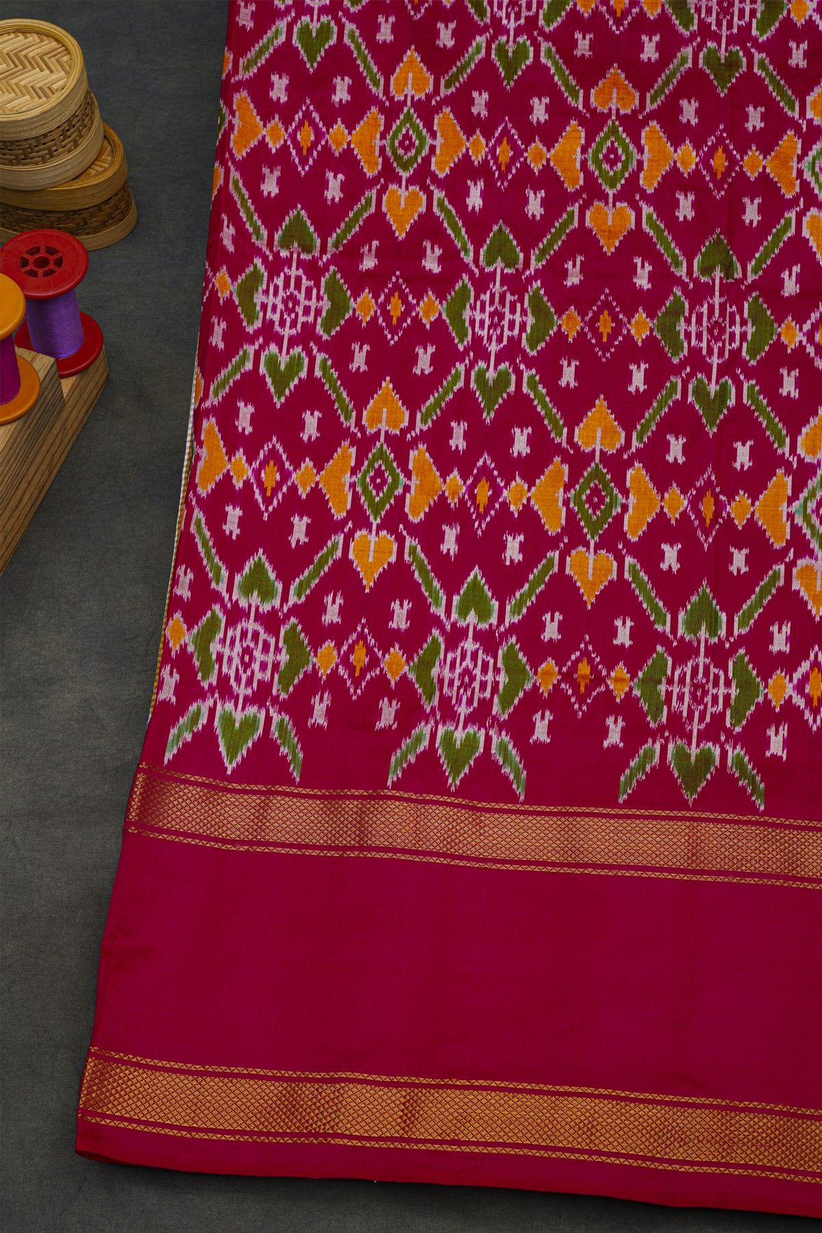 Ikat Silk Multi-Colour Saree With Multi-Coloured Checks Body