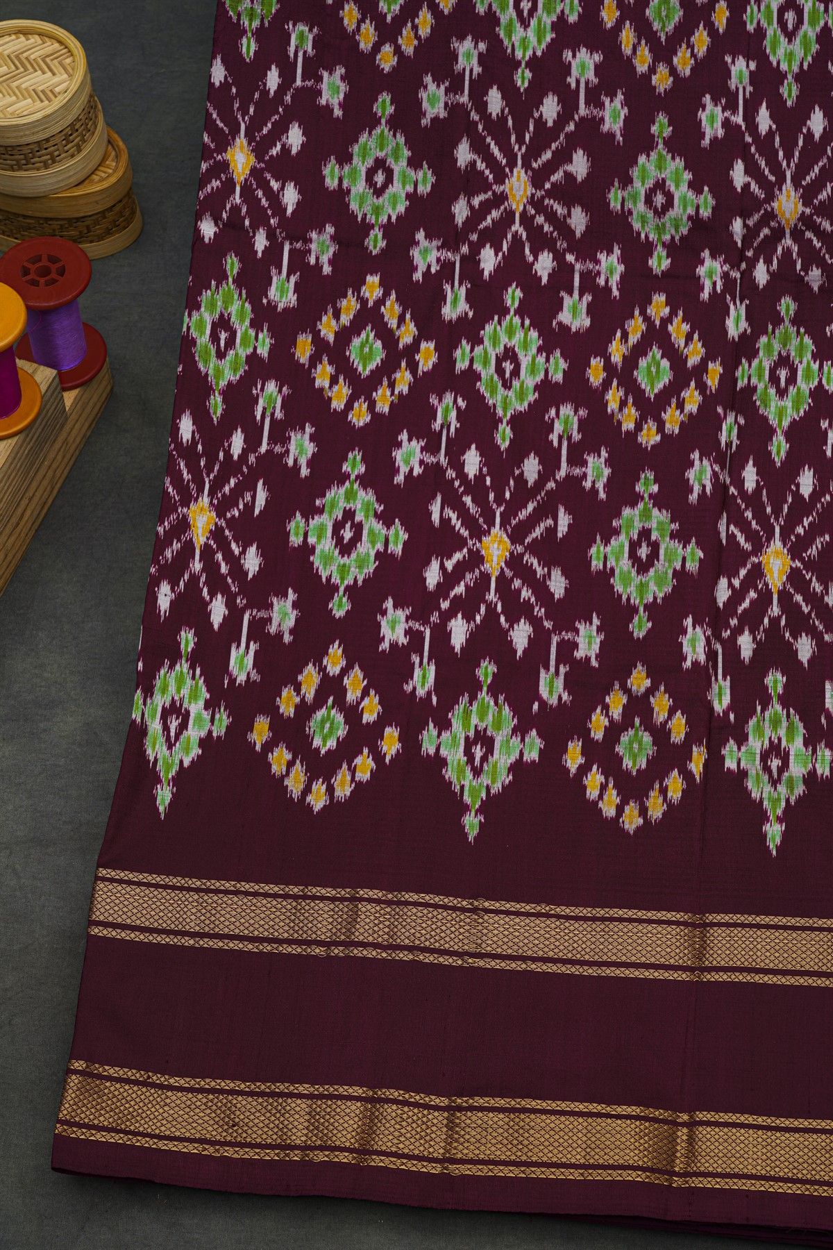 Ikat Silk Multi-Colour Saree With Multi-Coloured Checks Body