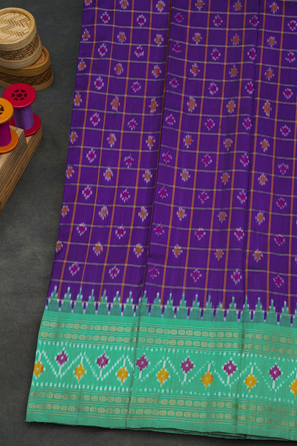Ikat Silk Purple Saree With Florals And Leaves Border