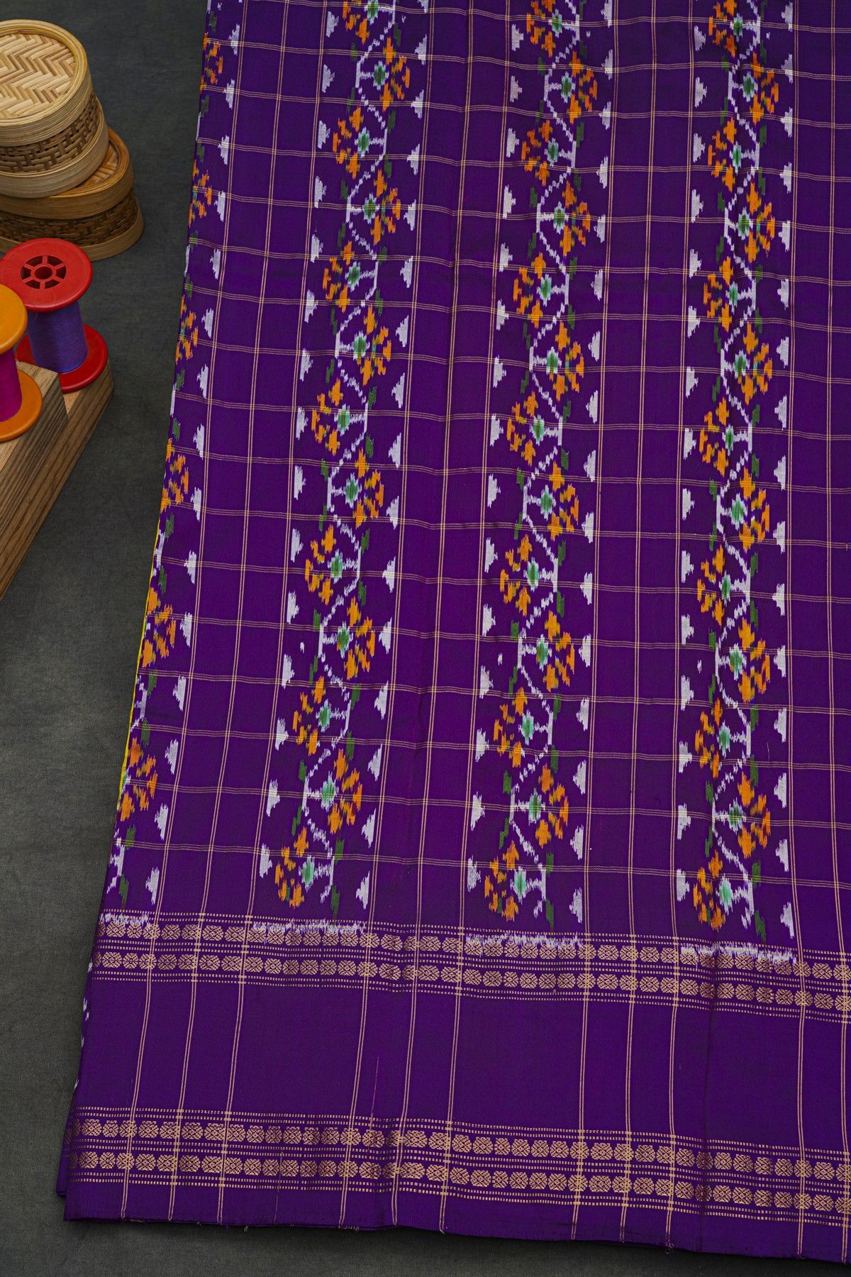 Ikat Silk Yellow Saree With Florals And Buttis Body