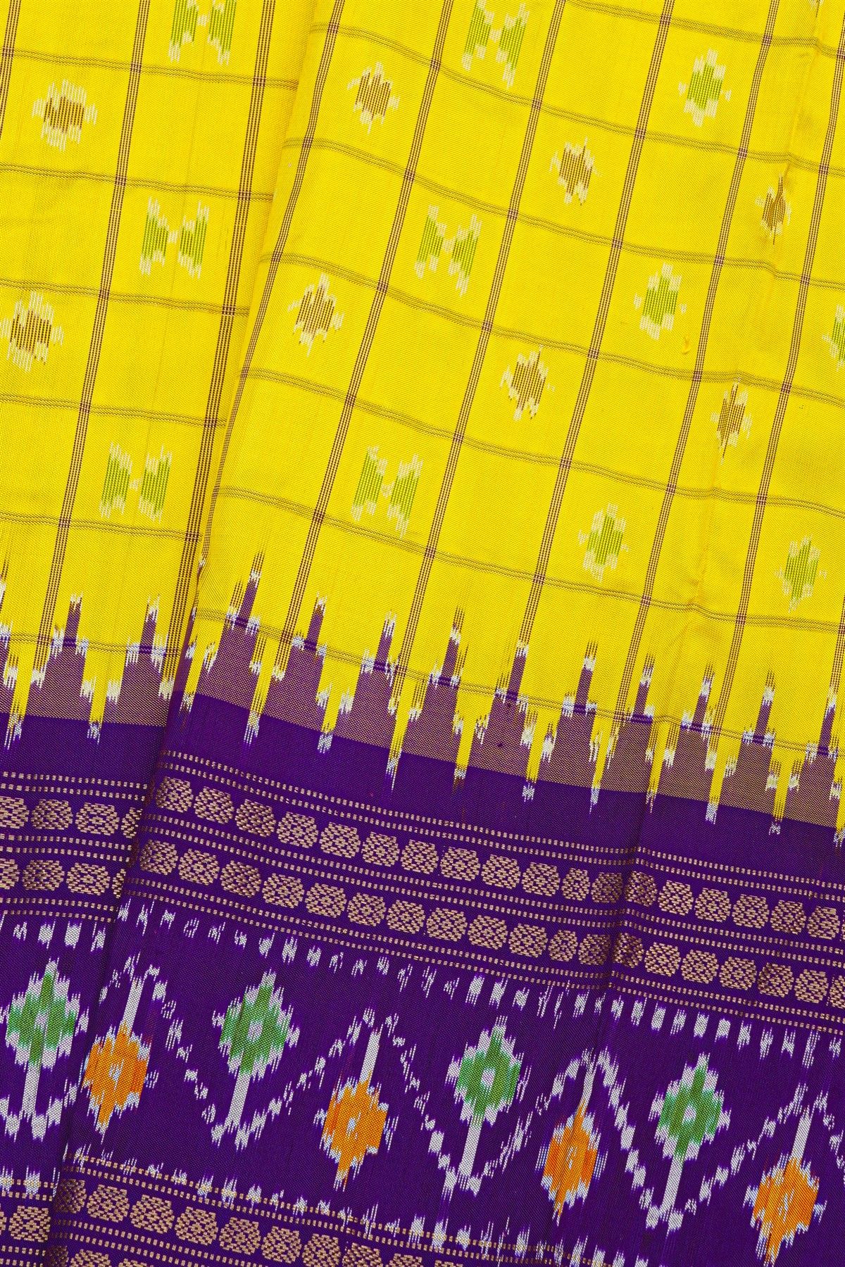 Ikat Silk Yellow Saree With Florals And Buttis Body