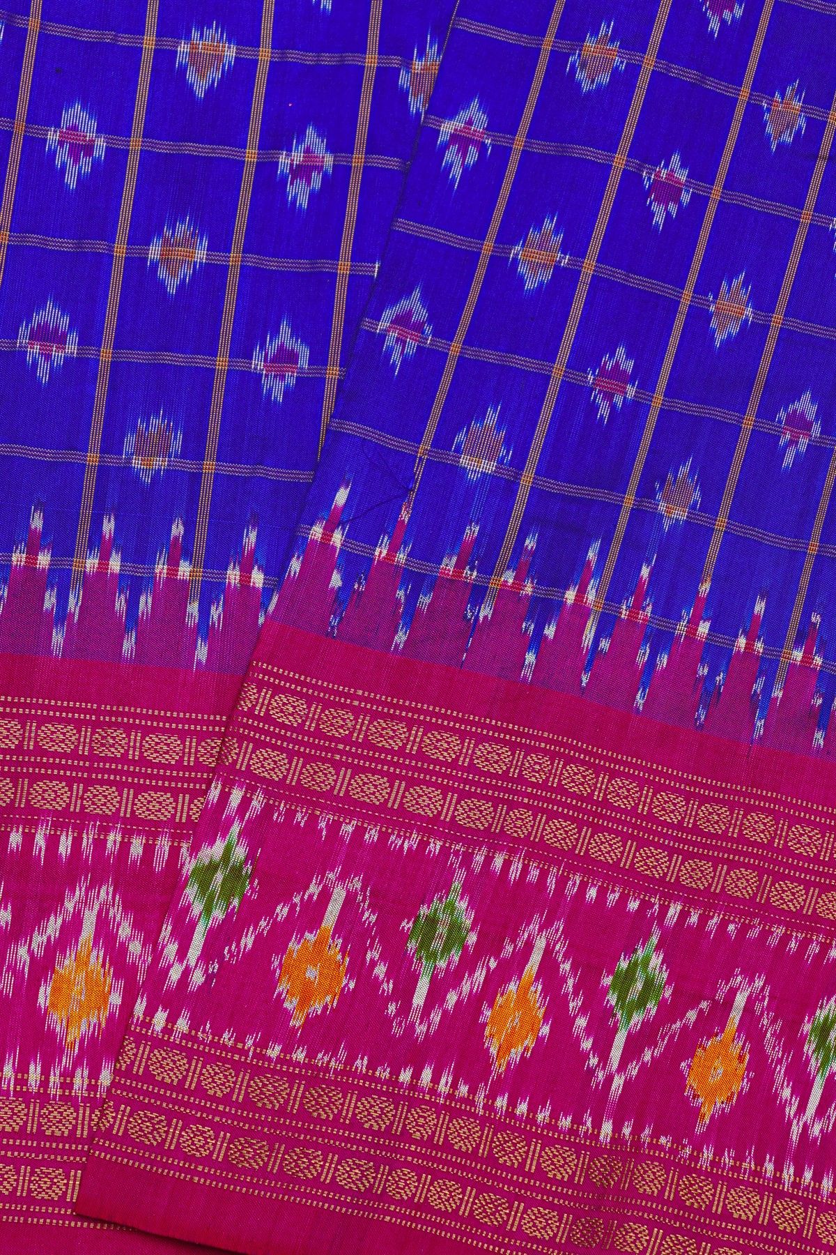 Ikat Silk Royal Blue Saree With Florals And Buttis In Checks Body
