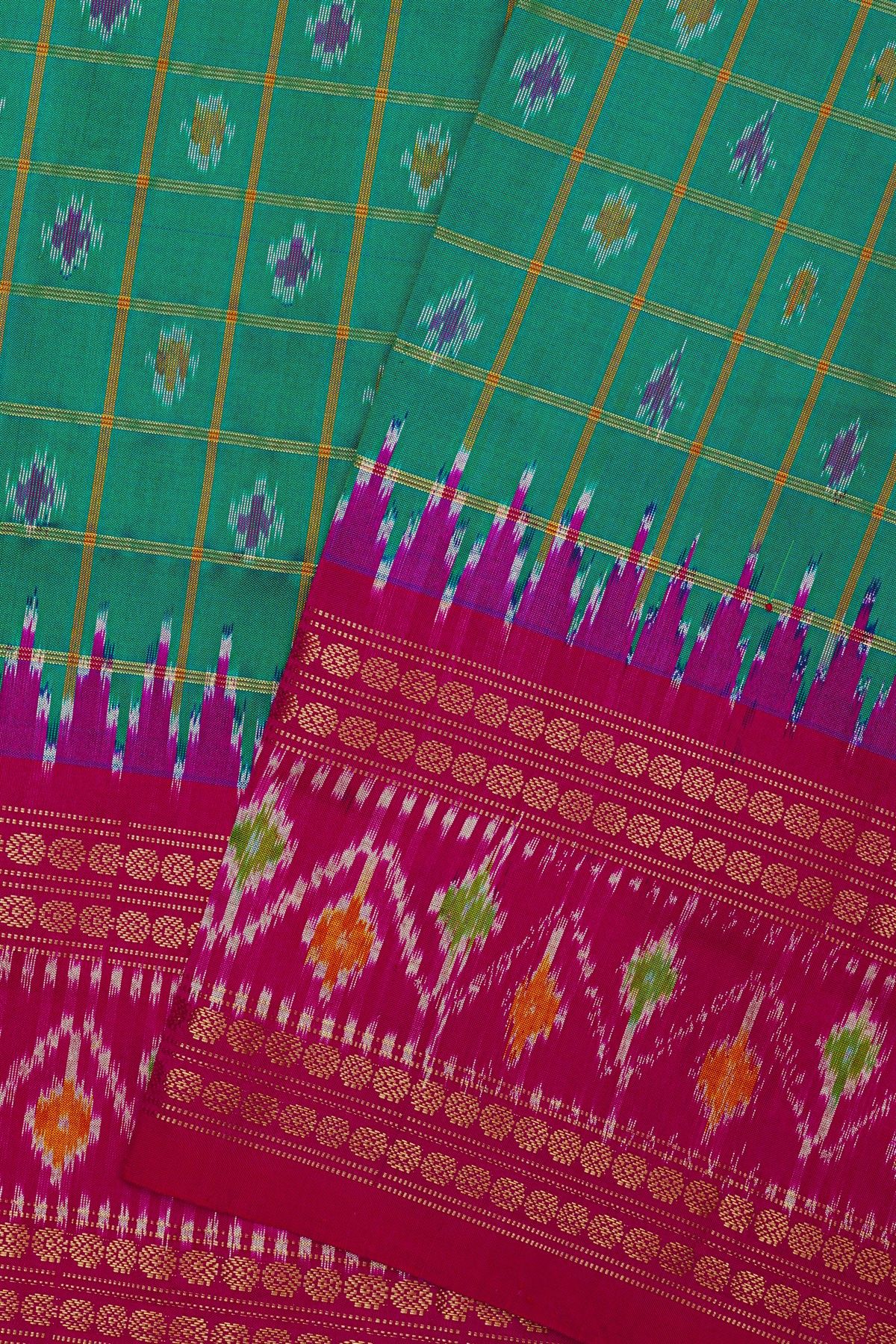 Ikat Silk Rama Green Saree With Florals And Leaves Jaal Border