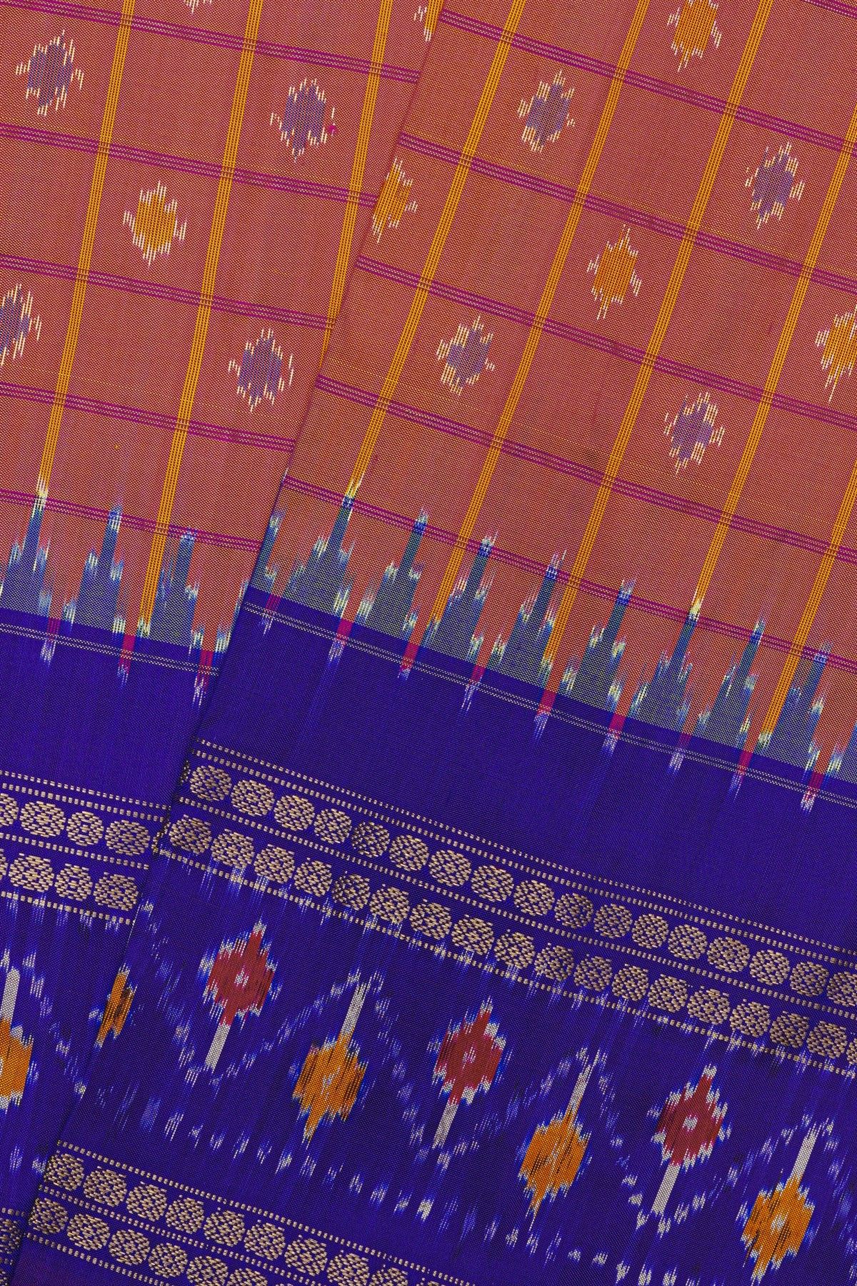 Ikat Silk Rust Saree With Checks And Floral Buttis Body