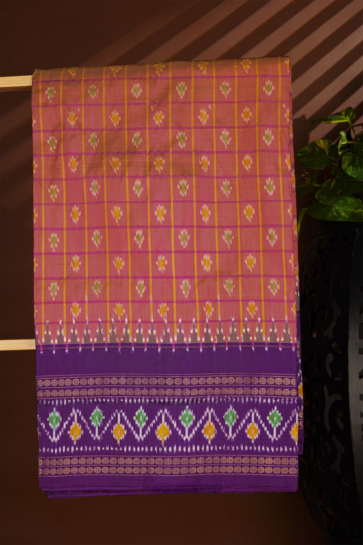 Ikat Silk Rust Saree With Florals And Leaves Jaal Border
