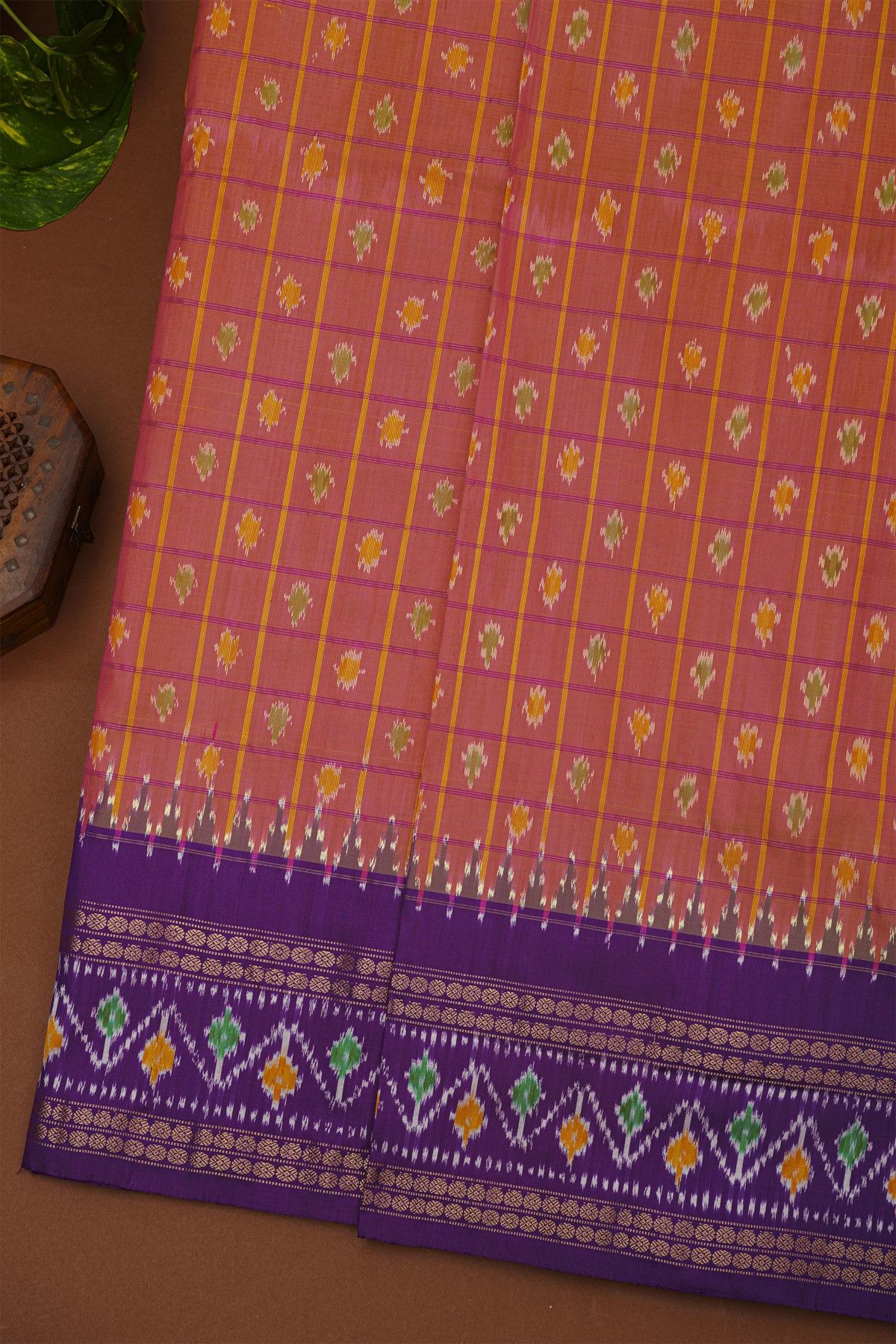 Ikat Silk Rust Saree With Florals And Leaves Jaal Border