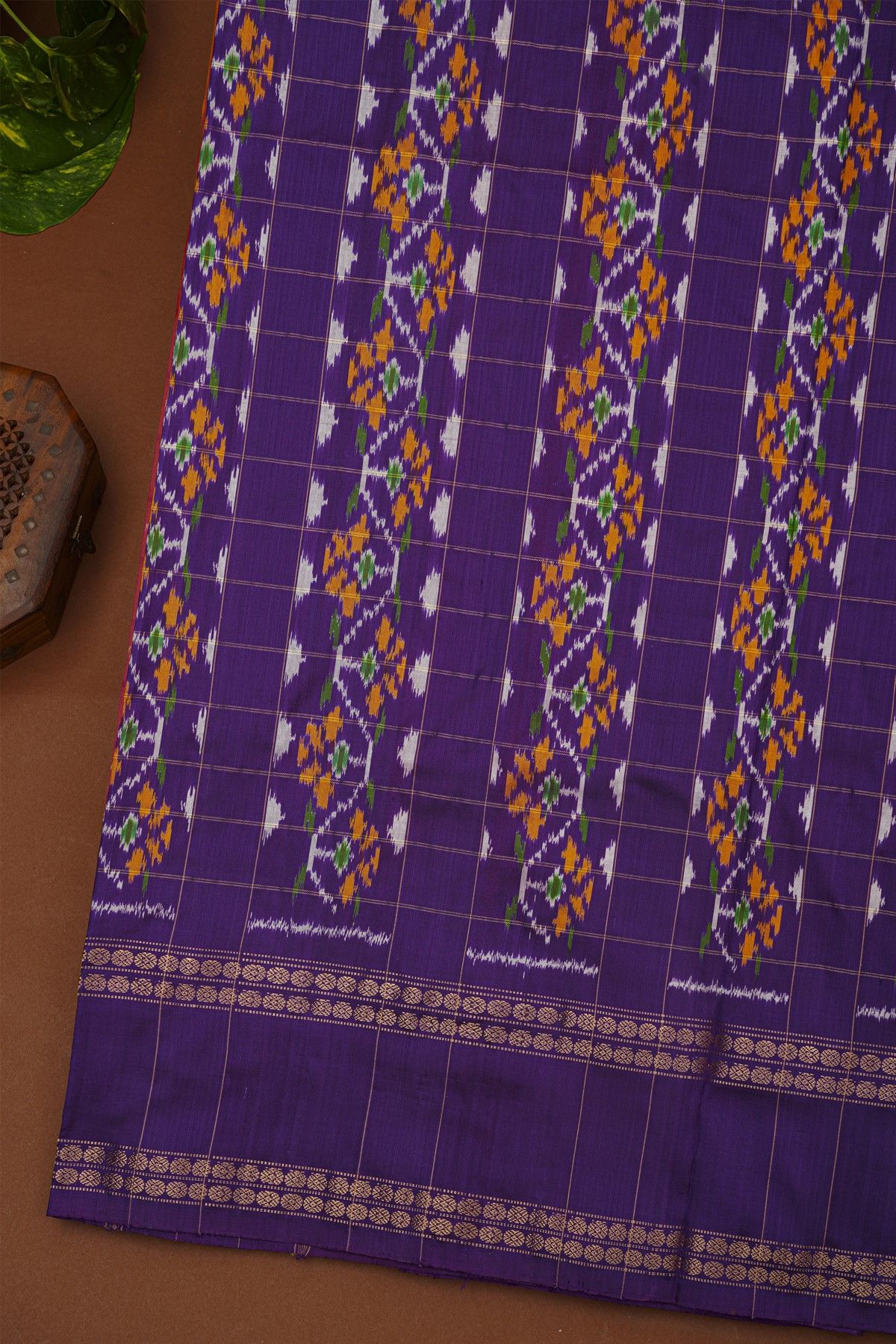 Ikat Silk Rust Saree With Florals And Leaves Jaal Border