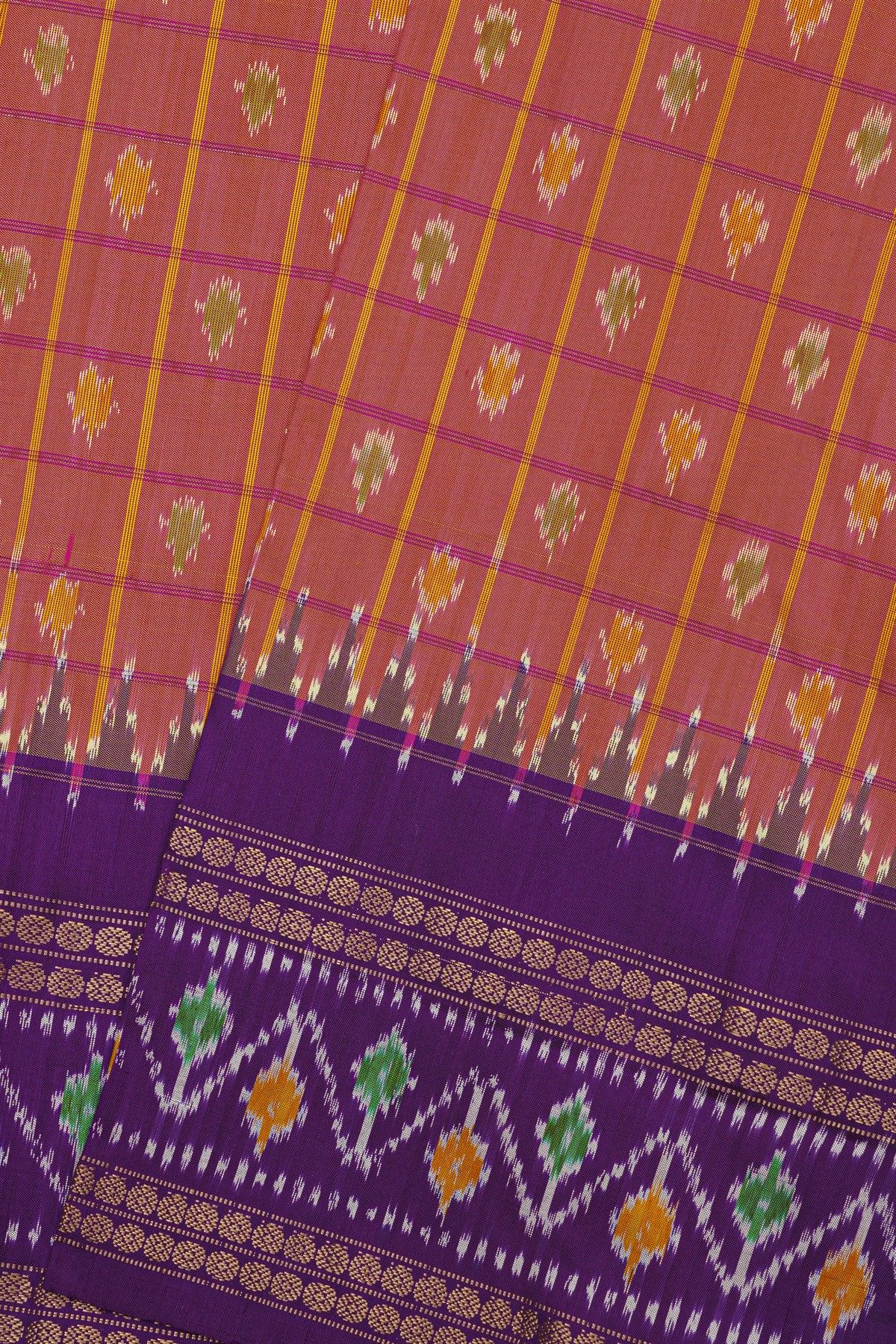 Ikat Silk Rust Saree With Florals And Leaves Jaal Border