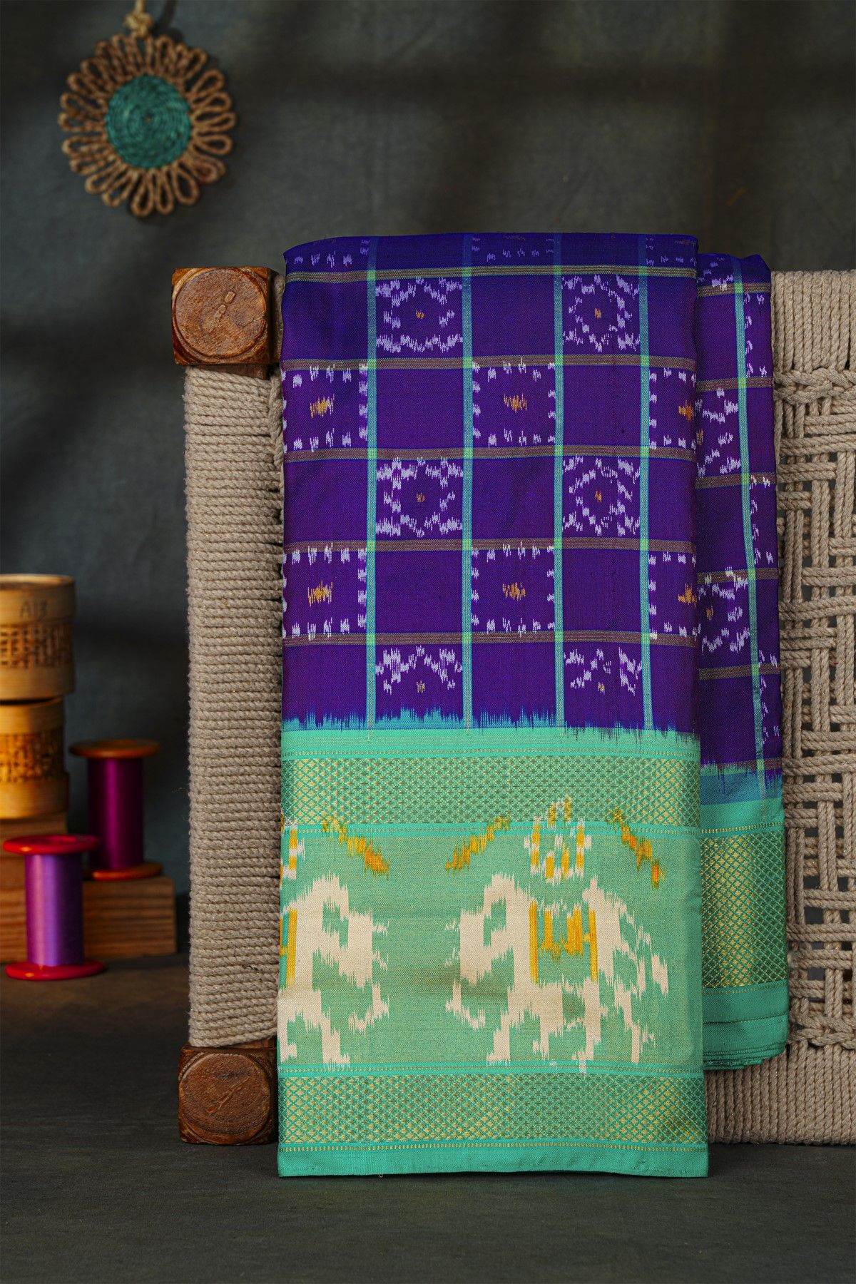 Ikat Silk Royal Blue Saree With Elephants And Florals Border