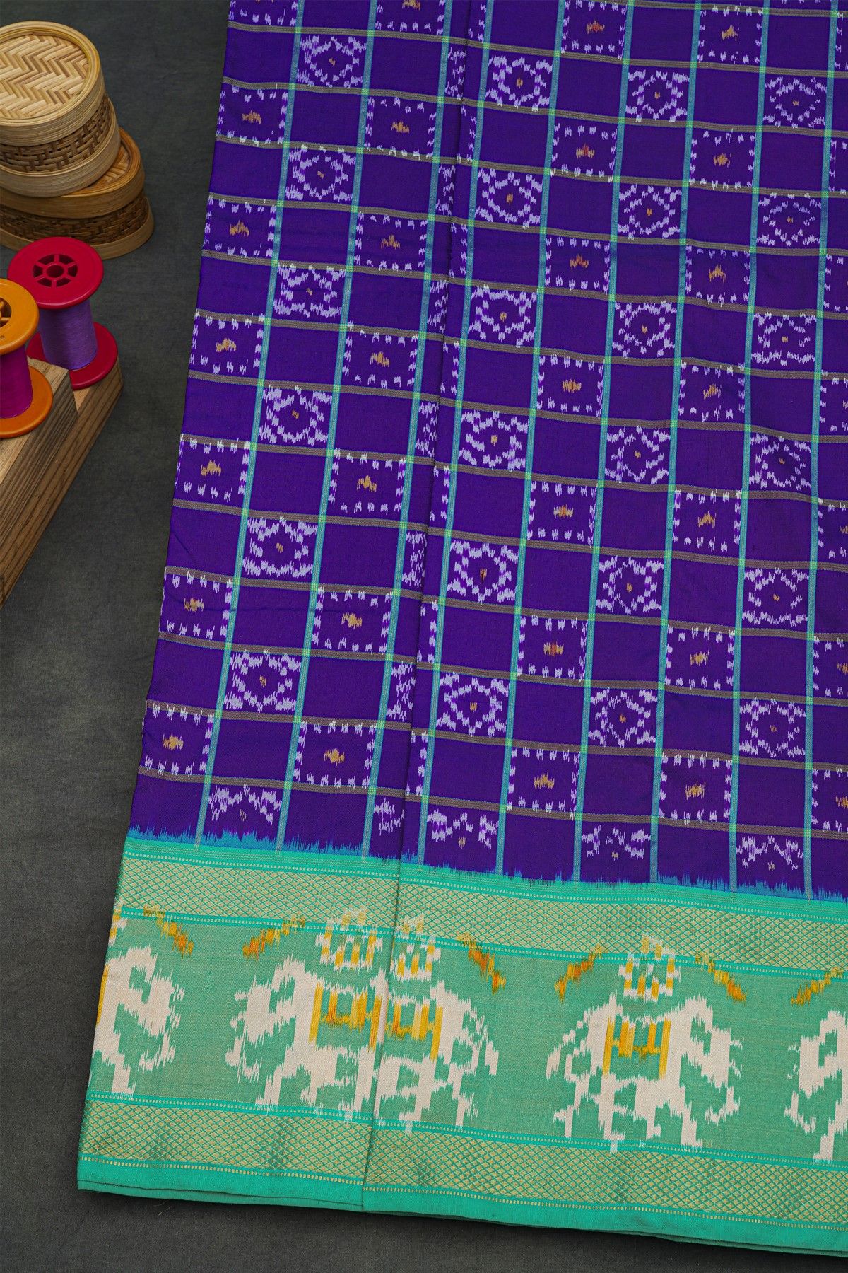 Ikat Silk Royal Blue Saree With Elephants And Florals Border