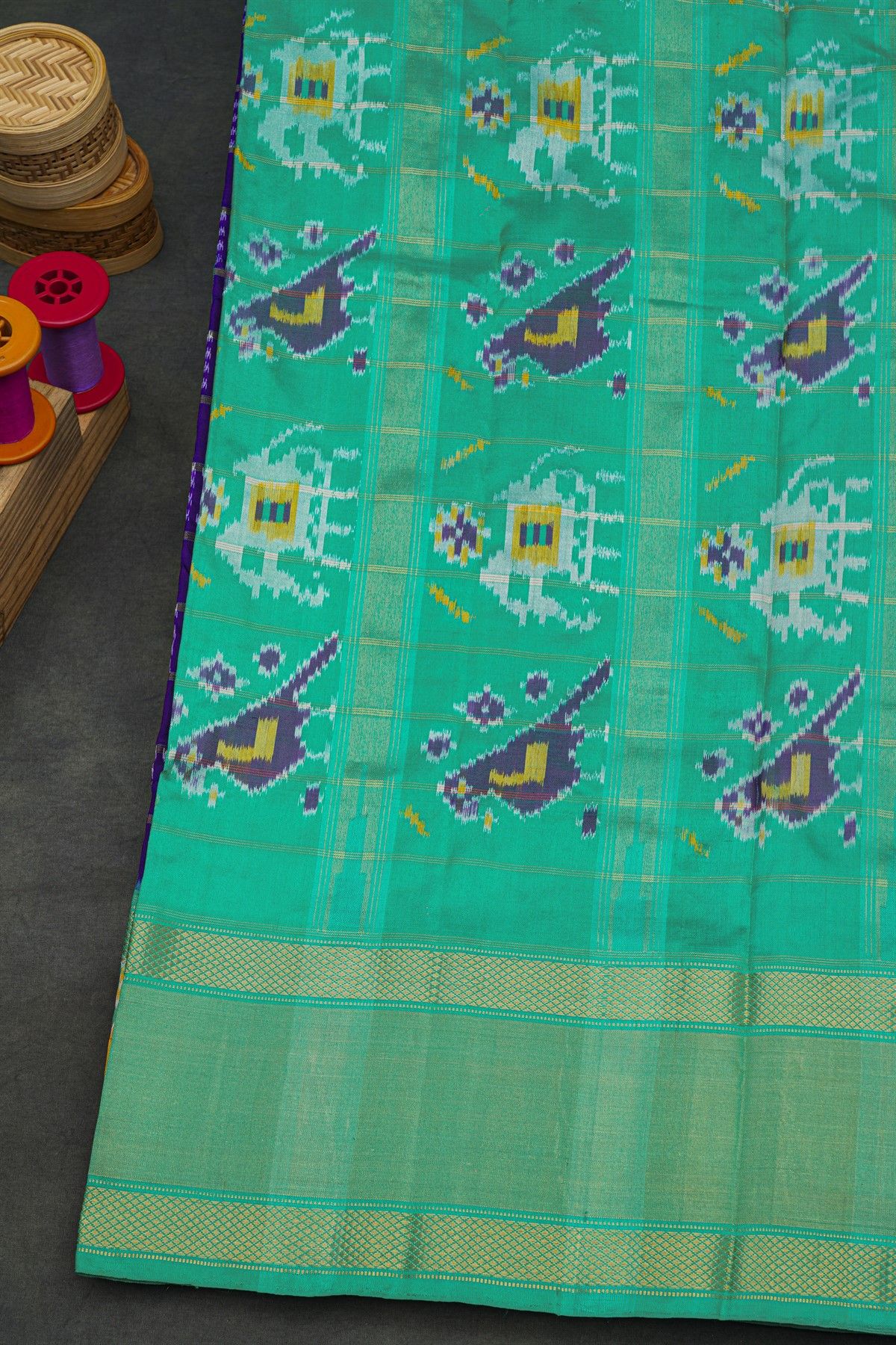 Ikat Silk Royal Blue Saree With Elephants And Florals Border
