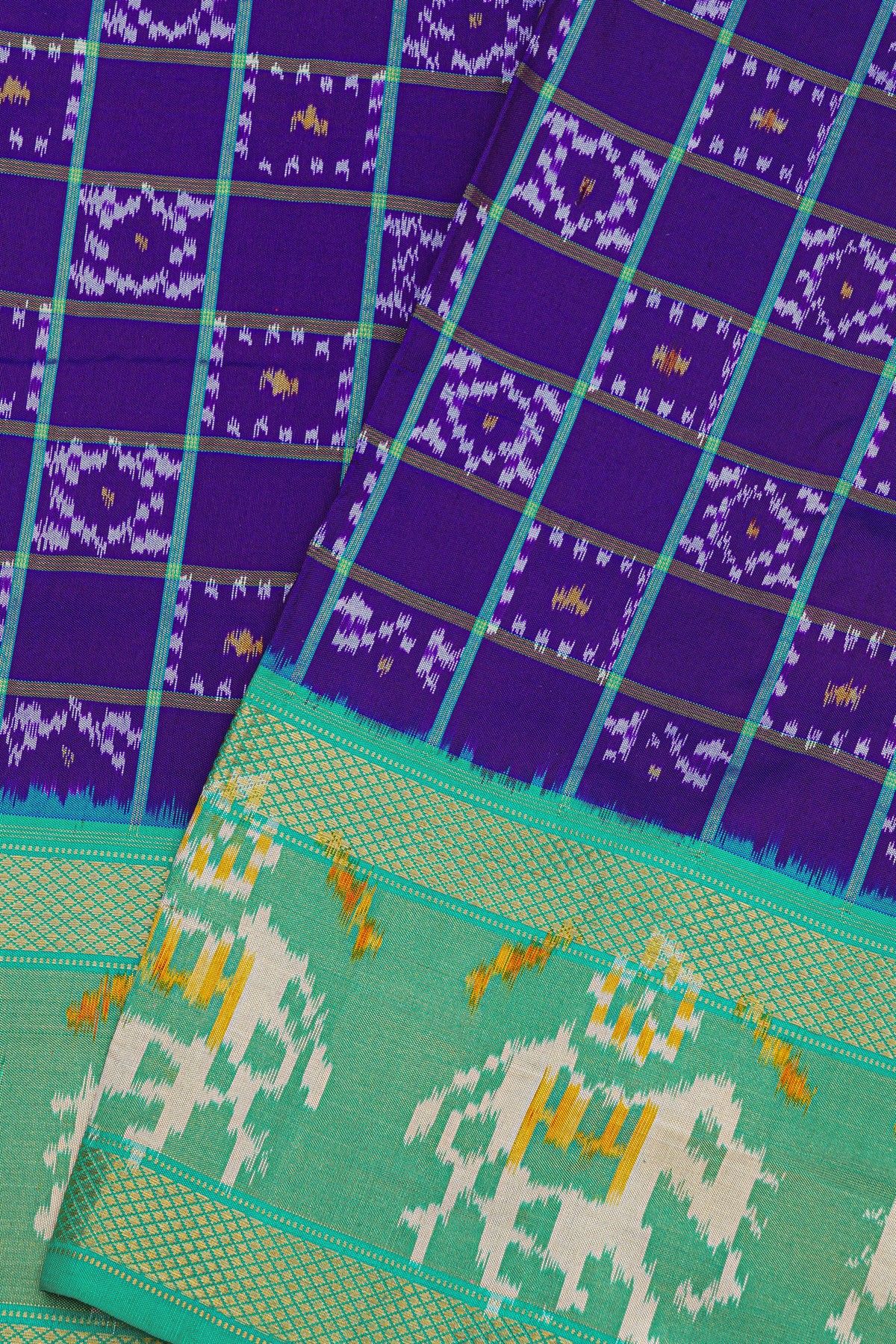 Ikat Silk Royal Blue Saree With Elephants And Florals Border
