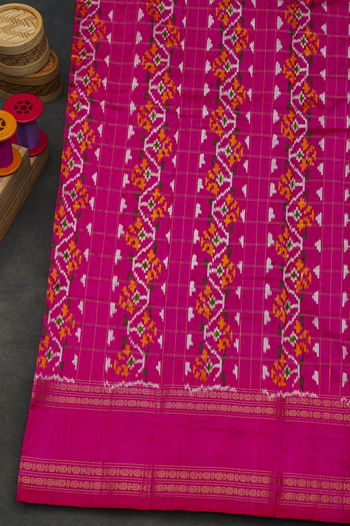 Ikat Silk Royal Blue Saree With Florals And Buttis In Checks Body