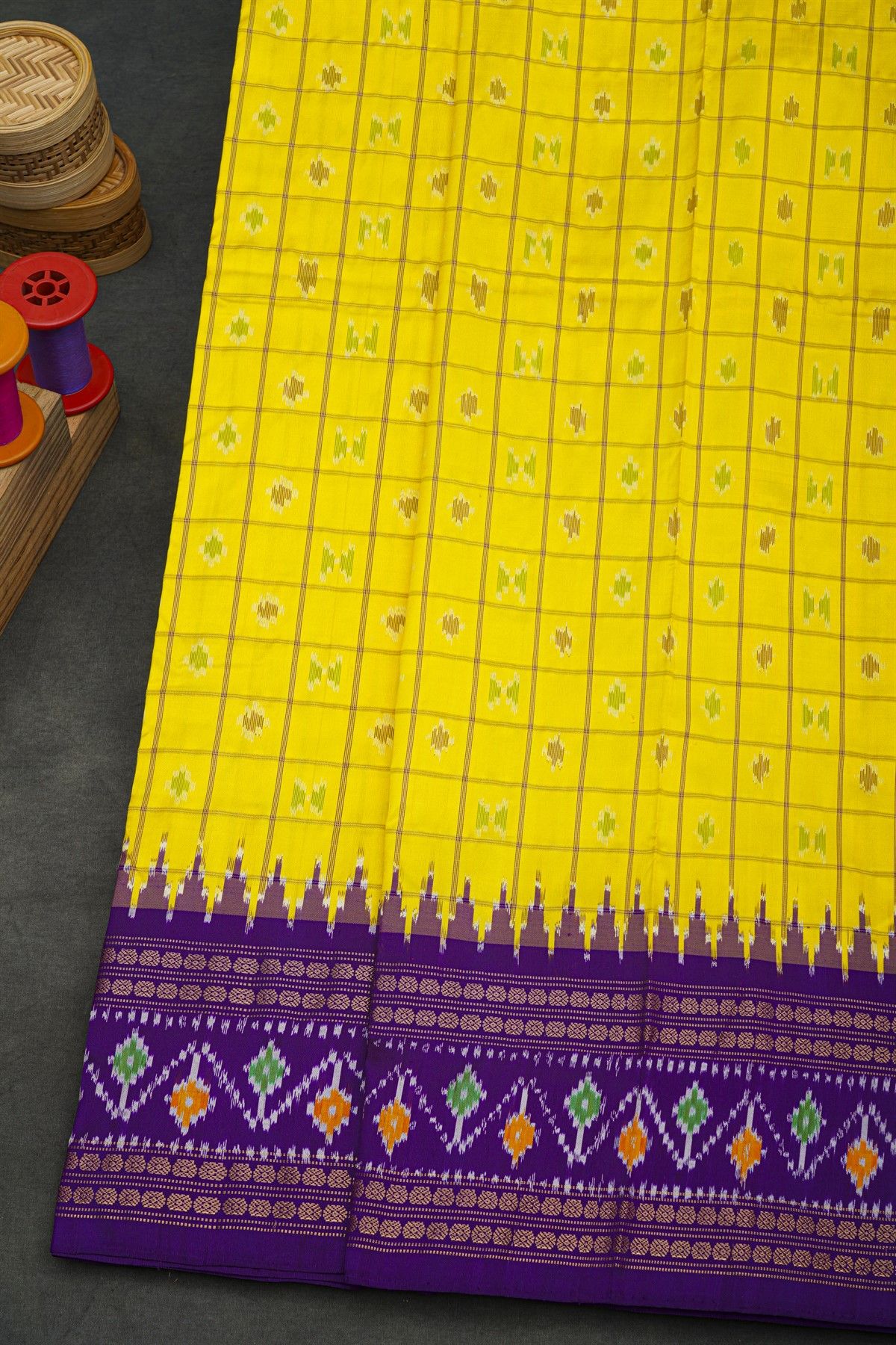 Ikat Silk Yellow Saree With Florals And Buttis In Checks Body