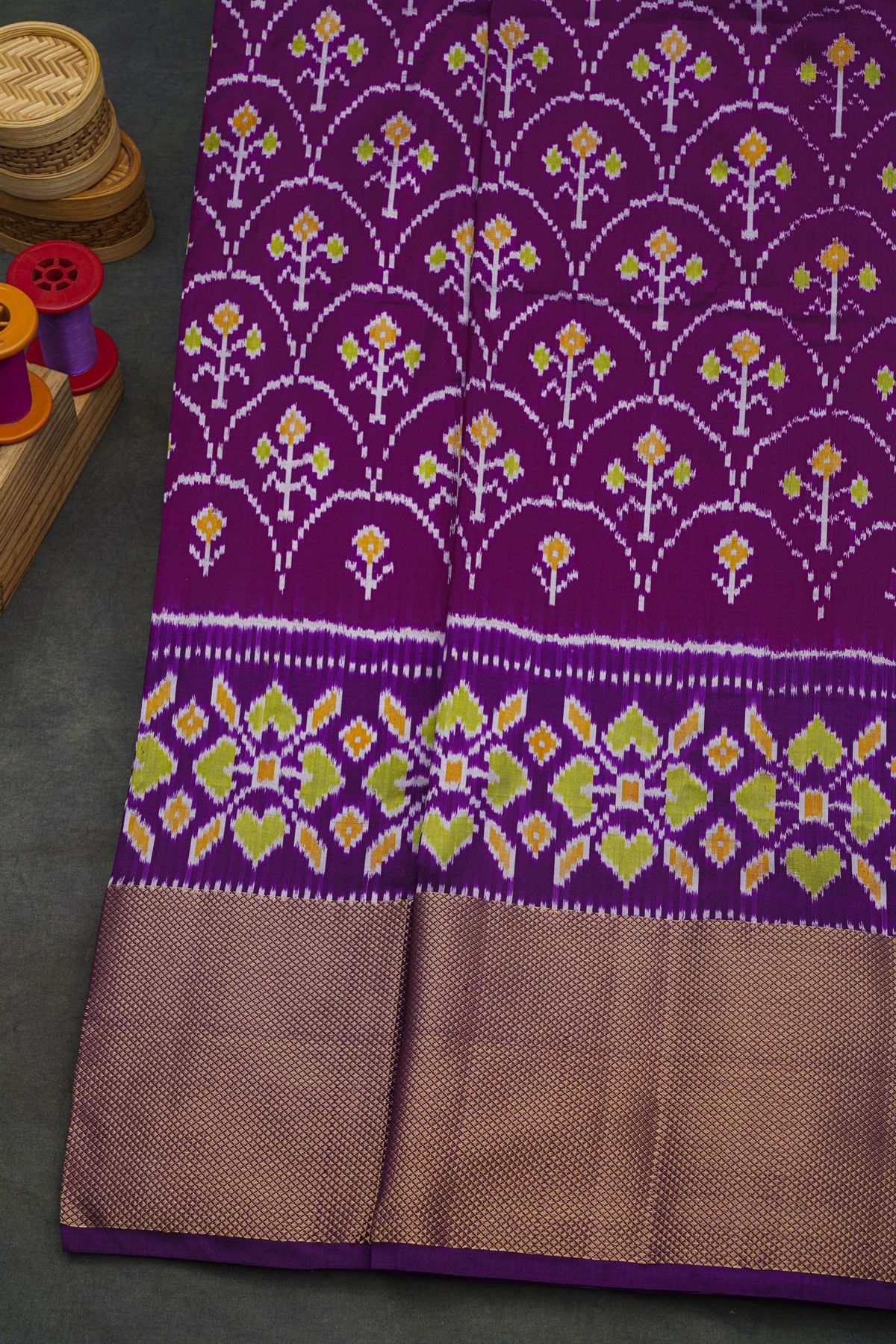 Ikat Silk Purple Saree With Florals And Leaves Body