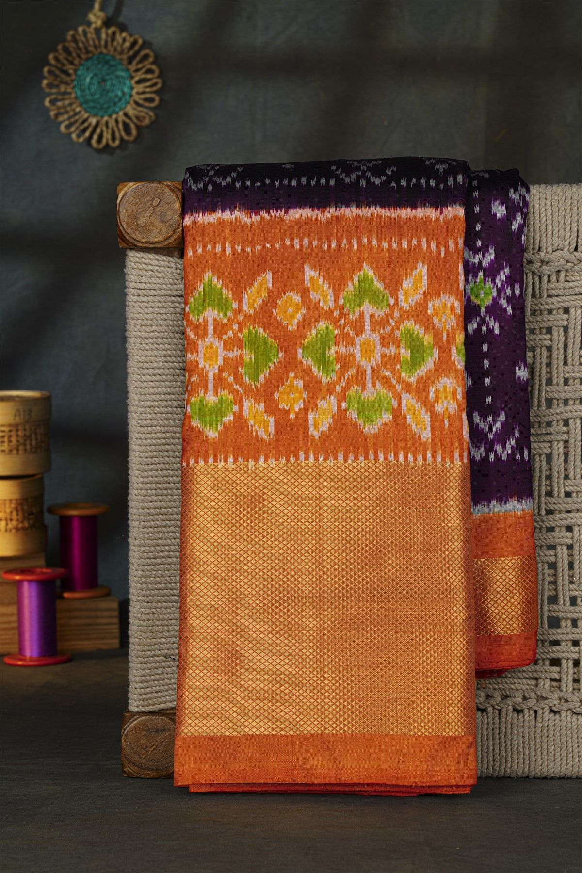 Ikat Silk Dark Violet Saree With Florals And Buttis In Checks Body