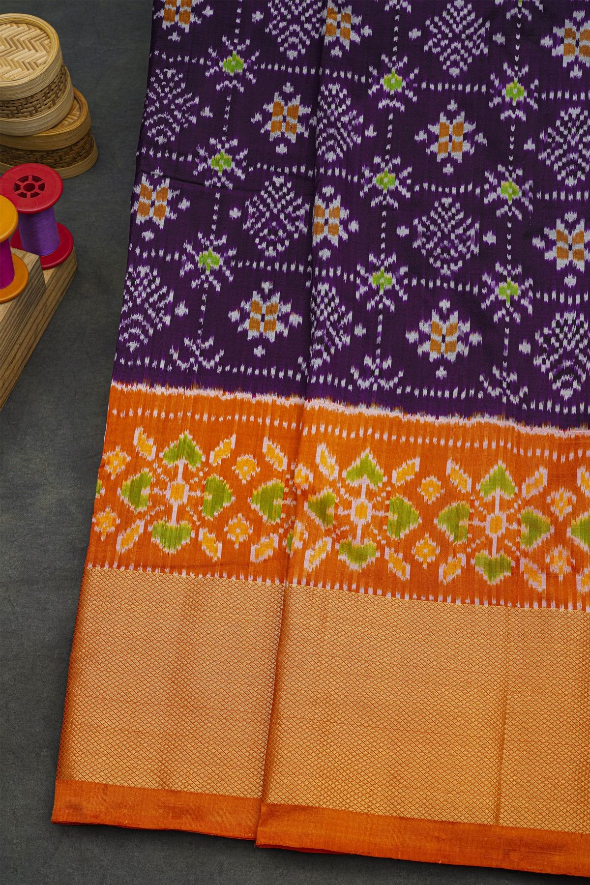 Ikat Silk Dark Violet Saree With Florals And Buttis In Checks Body