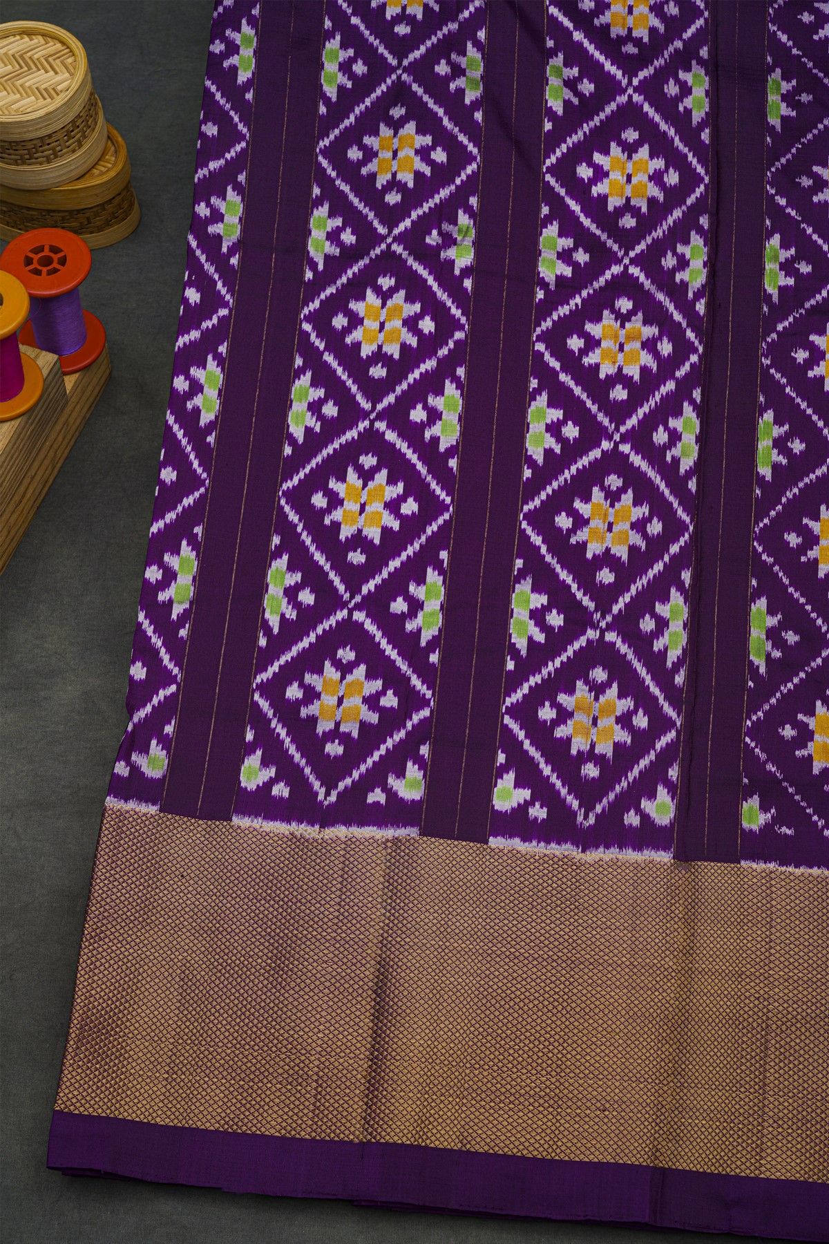 Ikat Silk Orange Saree With Florals And Leaves Body