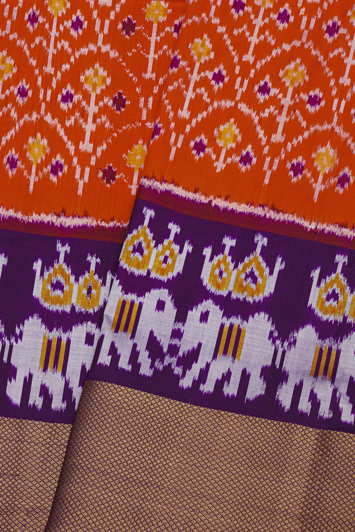 Ikat Silk Orange Saree With Florals And Leaves Body