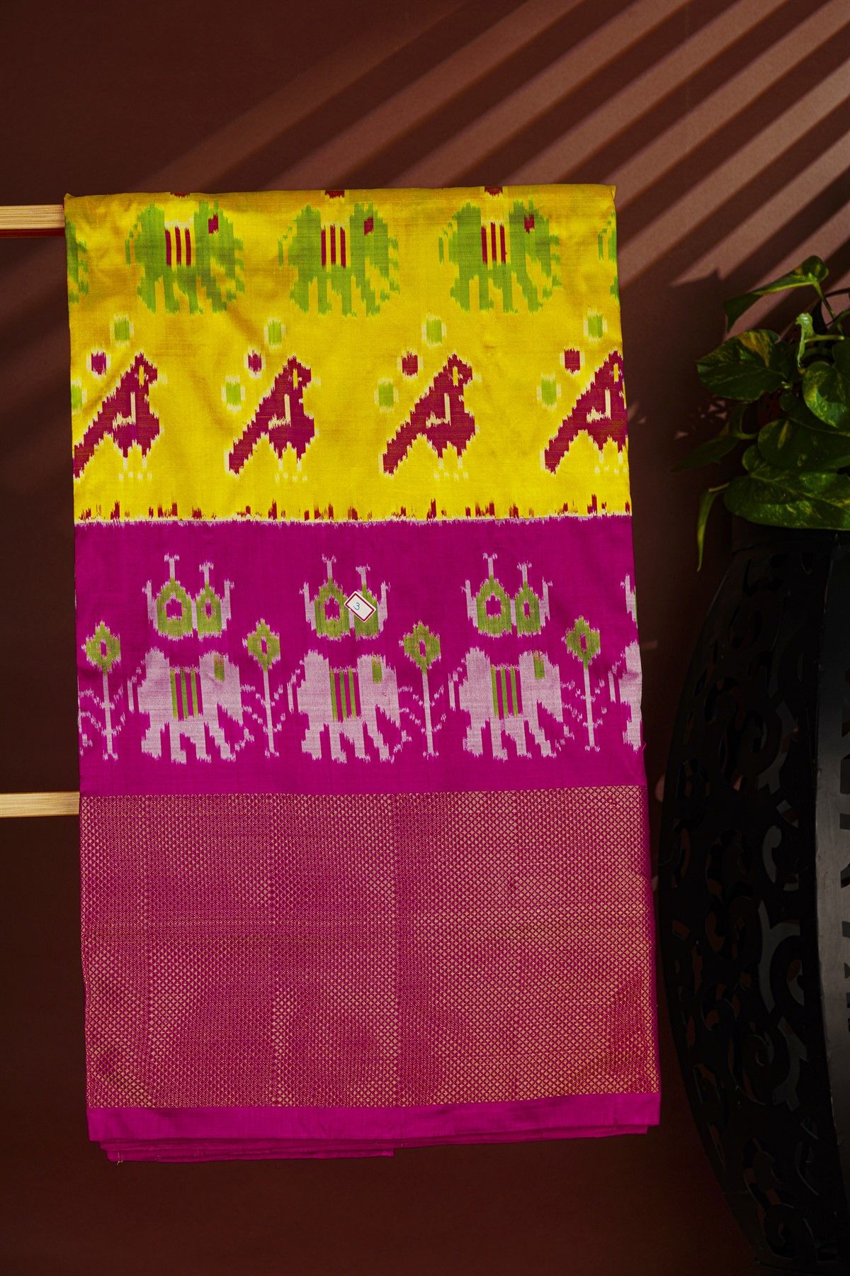 Ikat Silk Yellow Saree With Florals And Birds In Ikat Design Body