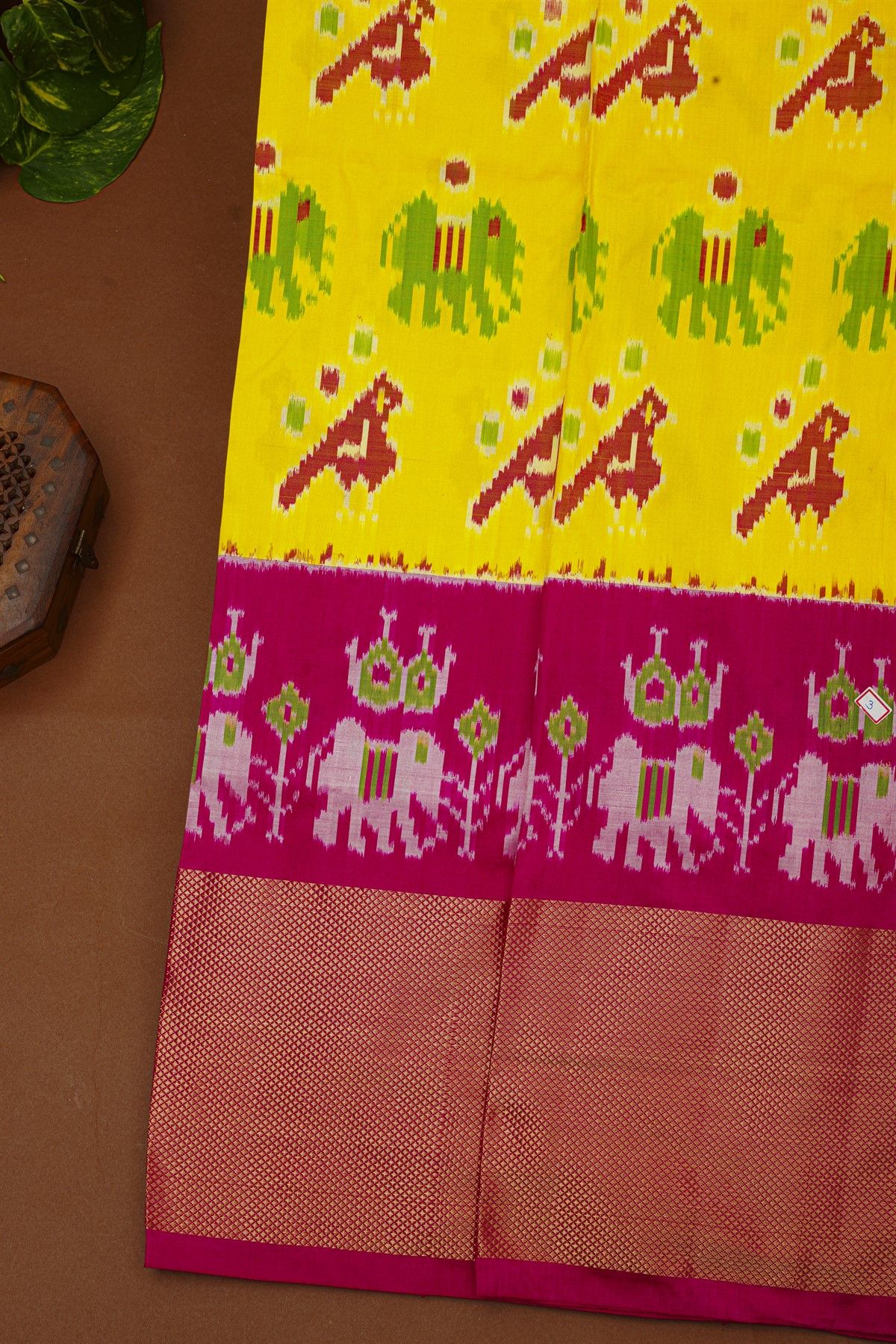 Ikat Silk Yellow Saree With Florals And Birds In Ikat Design Body