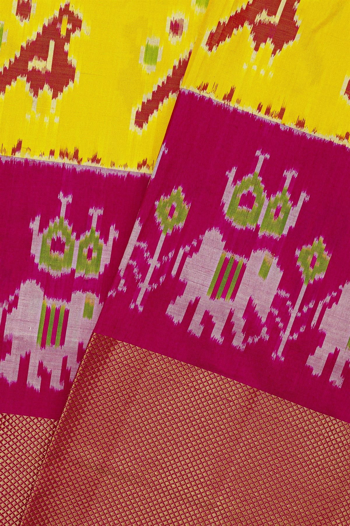 Ikat Silk Yellow Saree With Florals And Birds In Ikat Design Body