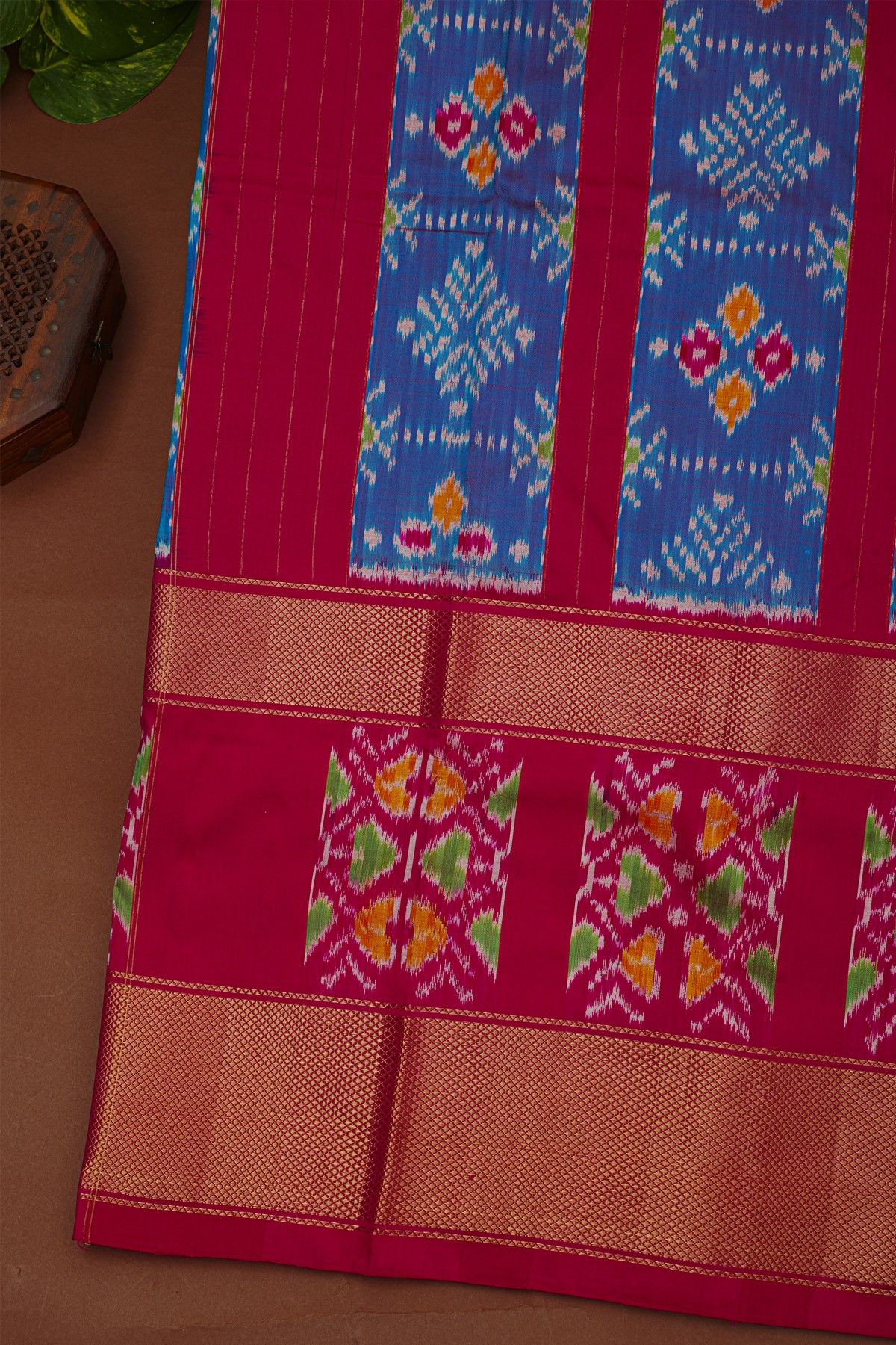 Ikat Silk Blue Saree With Diamonds In Gap Border