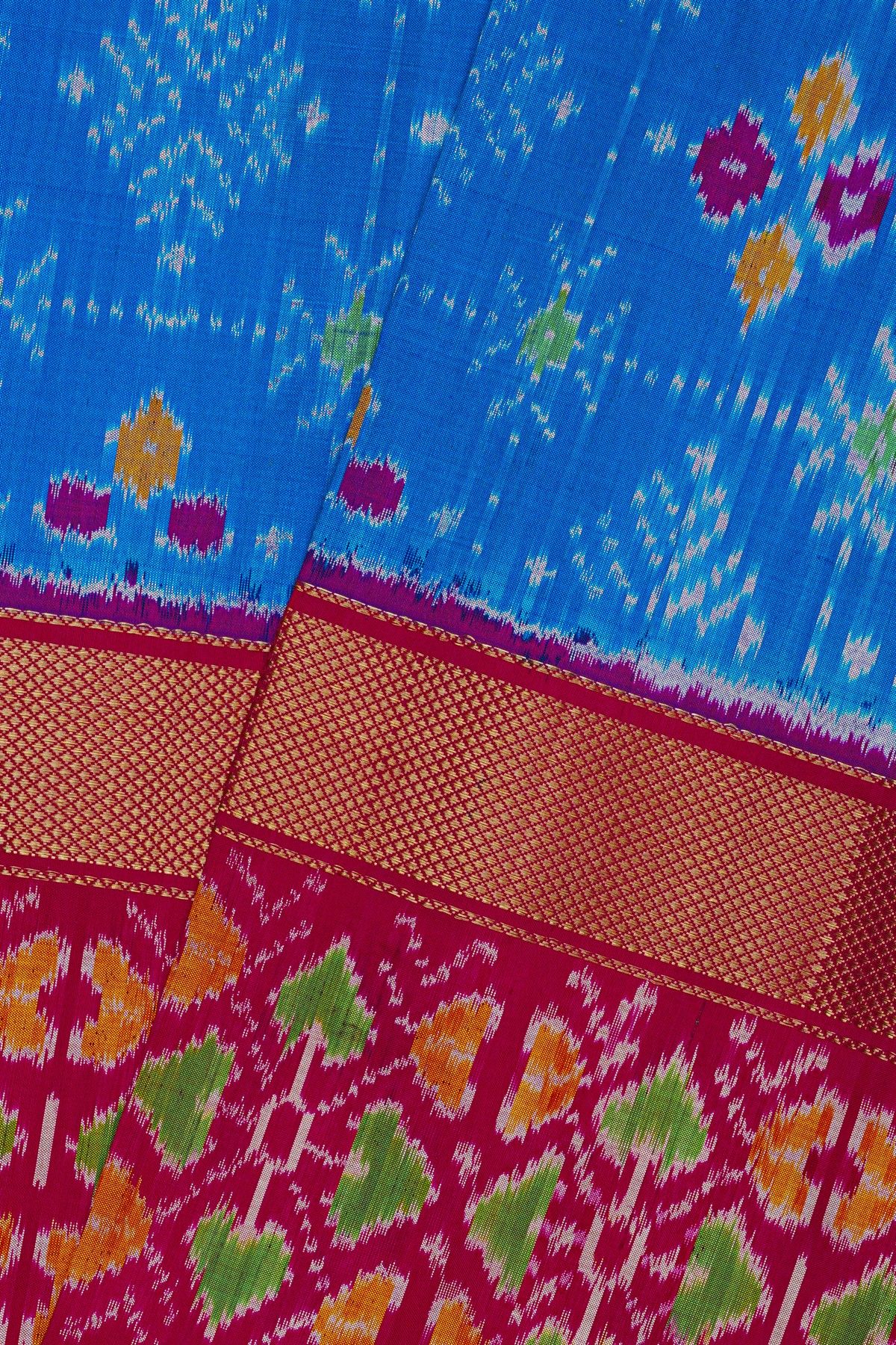 Ikat Silk Blue Saree With Diamonds In Gap Border