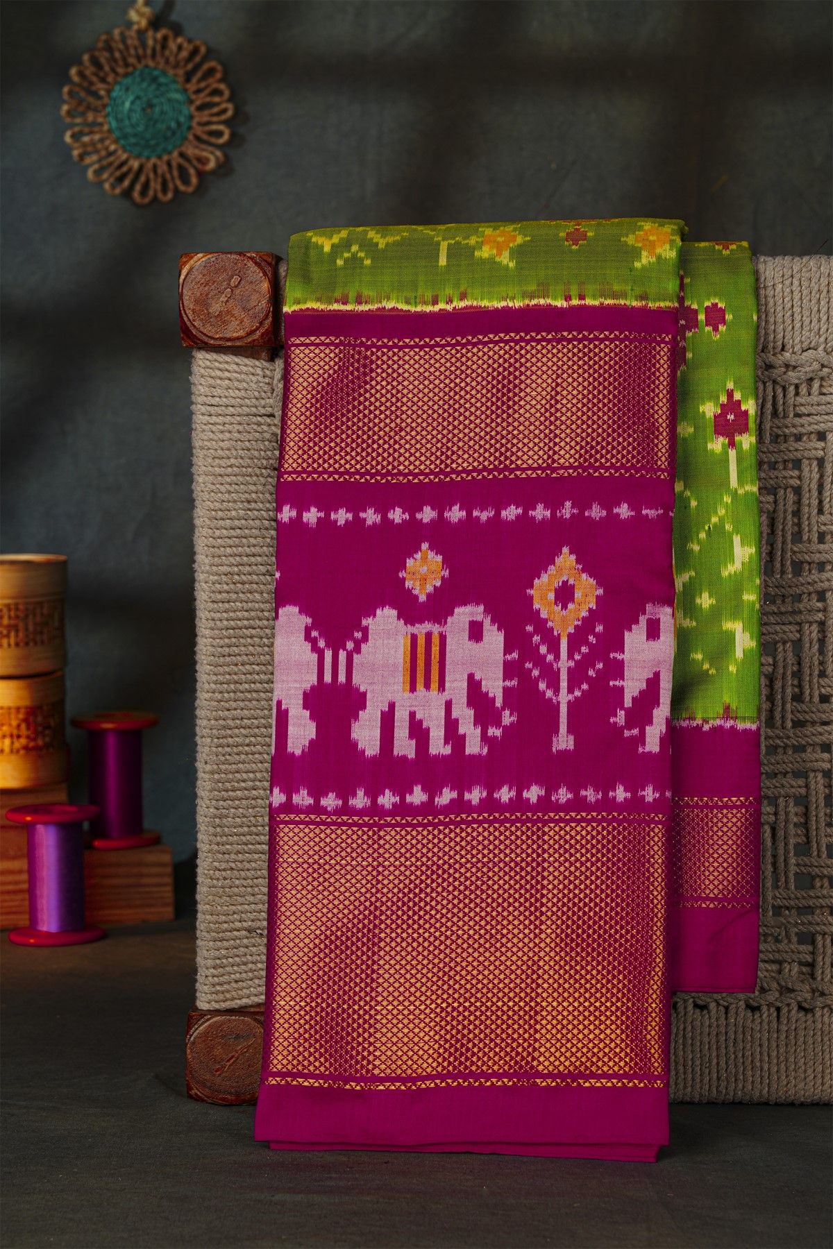 Ikat Silk Leaf Green Saree With Florals And Leaves Body