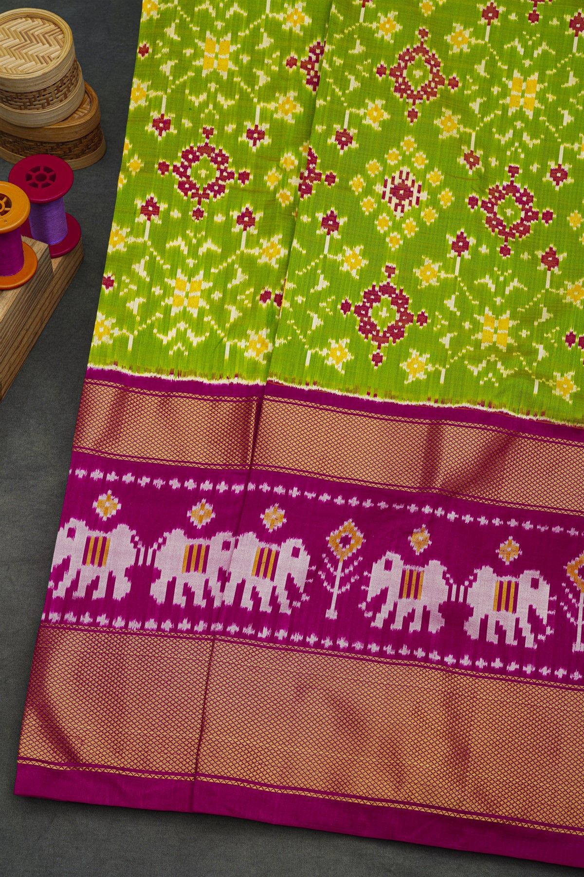 Ikat Silk Leaf Green Saree With Florals And Leaves Body