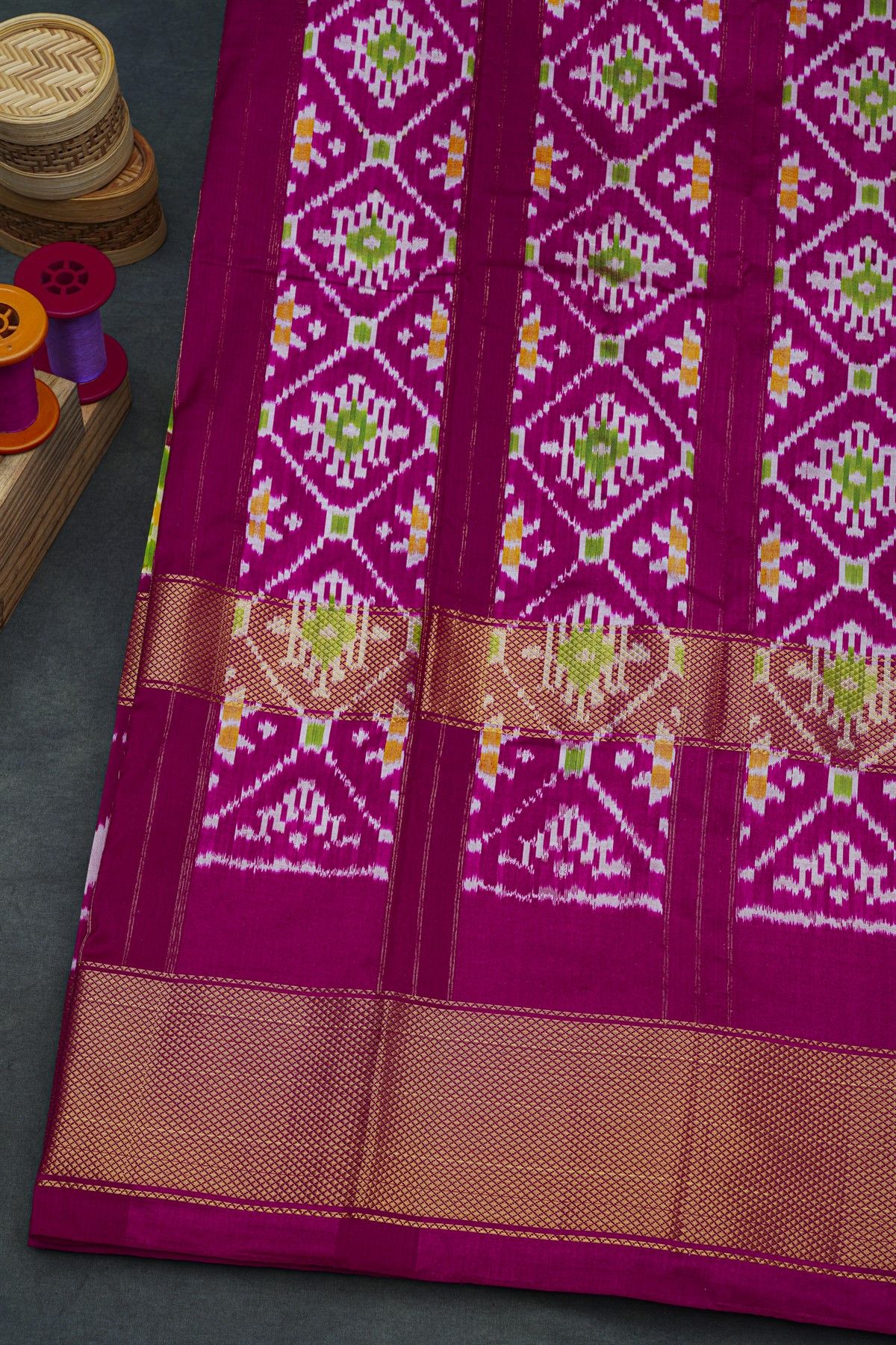 Ikat Silk Leaf Green Saree With Florals And Leaves Body