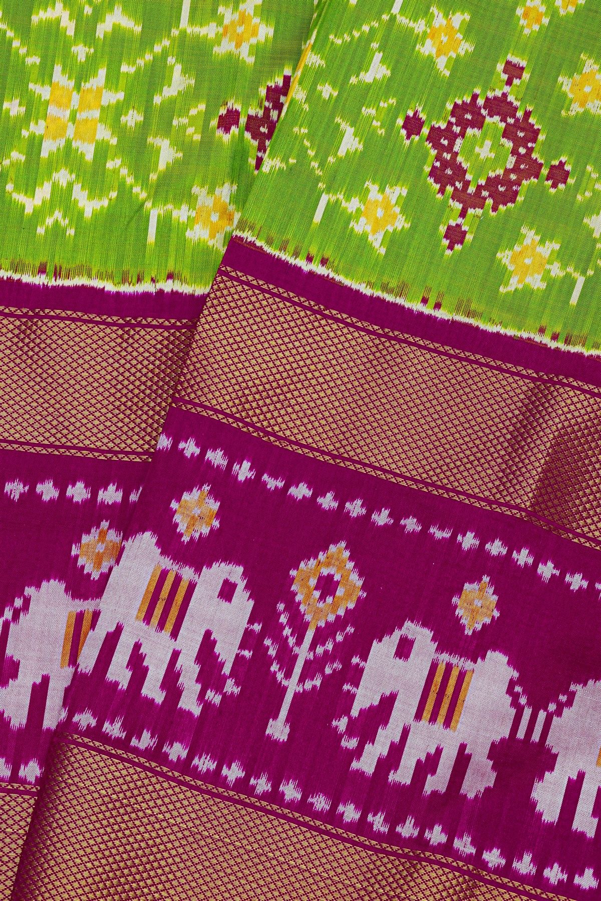 Ikat Silk Leaf Green Saree With Florals And Leaves Body