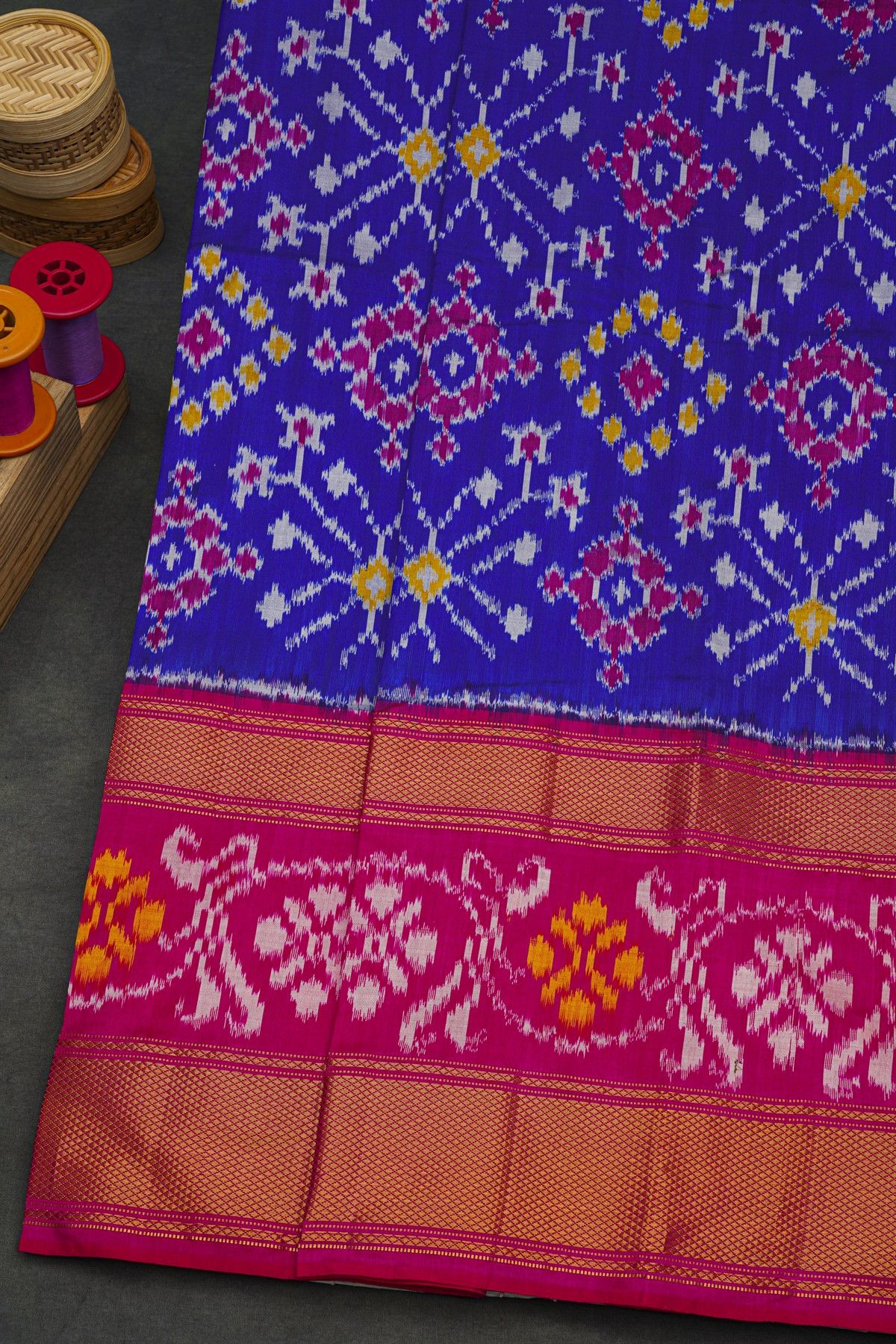 Ikat Silk Royal Blue Saree With Florals And Leaves Body