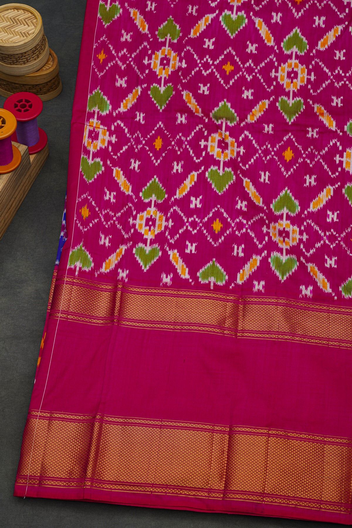 Ikat Silk Royal Blue Saree With Florals And Leaves Body