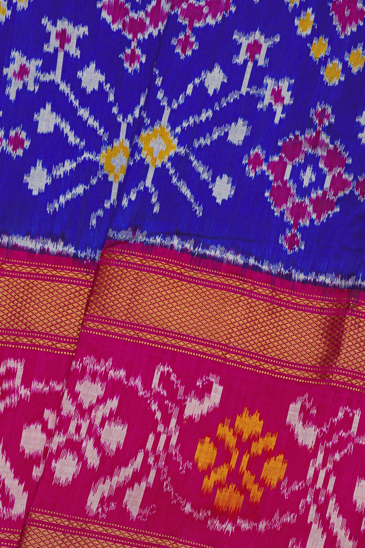 Ikat Silk Royal Blue Saree With Florals And Leaves Body
