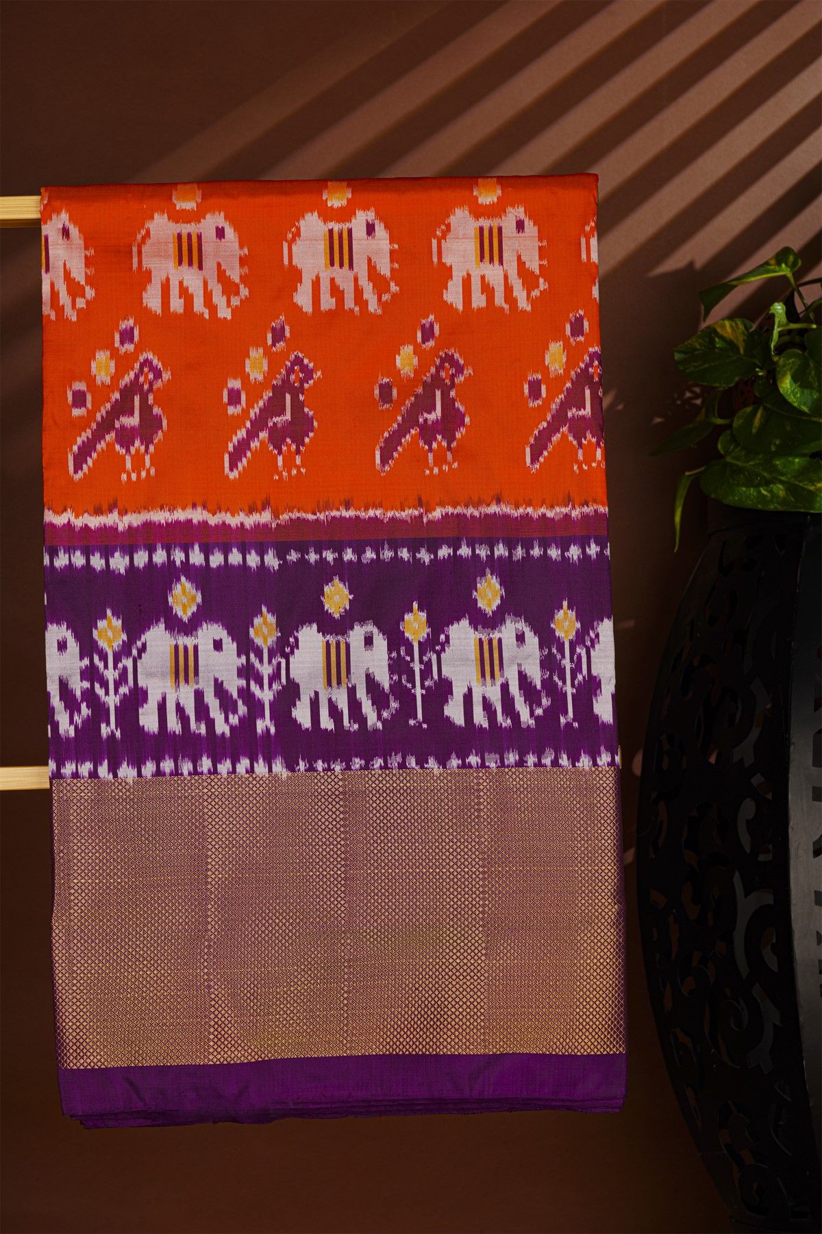 Ikat Silk Orange Saree With Florals And Birds In Ikat Design Body