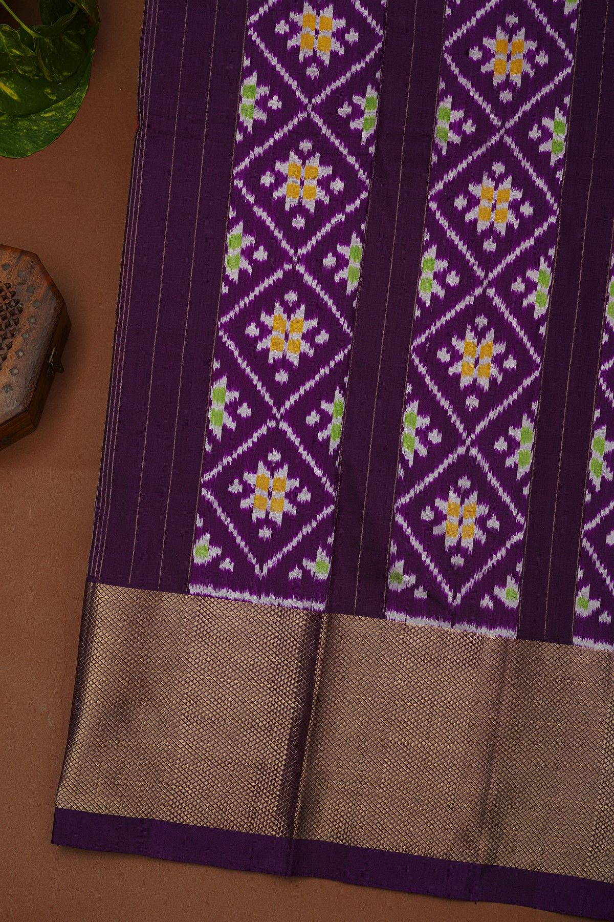 Ikat Silk Orange Saree With Florals And Birds In Ikat Design Body