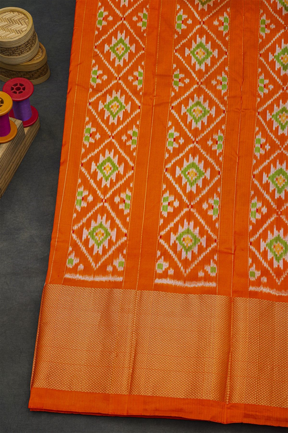 Ikat Silk Royal Blue Saree With Diamonds In Zari And Florals Border
