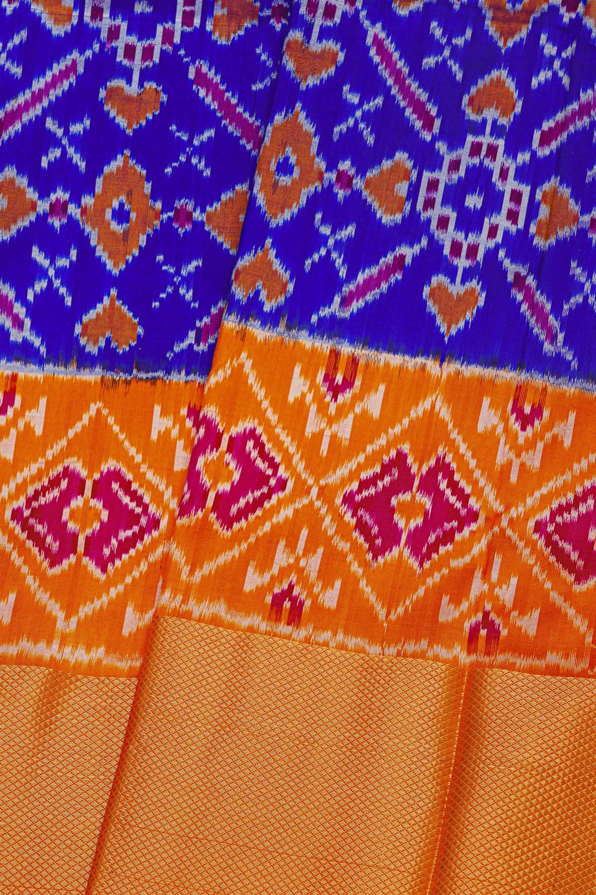 Ikat Silk Royal Blue Saree With Diamonds In Zari And Florals Border