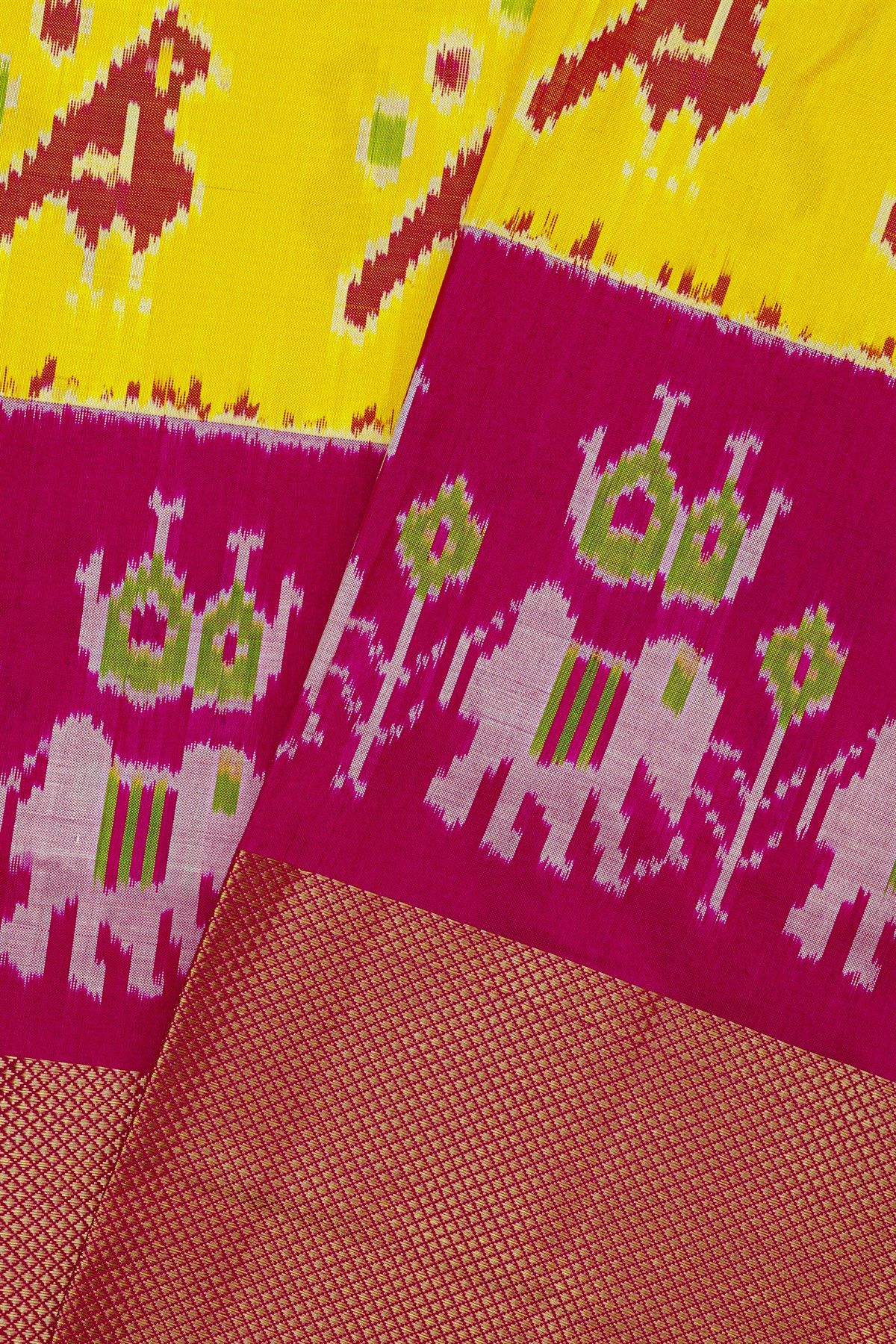 Ikat Silk Yellow Saree With Parrots And Elephant Buttis Body