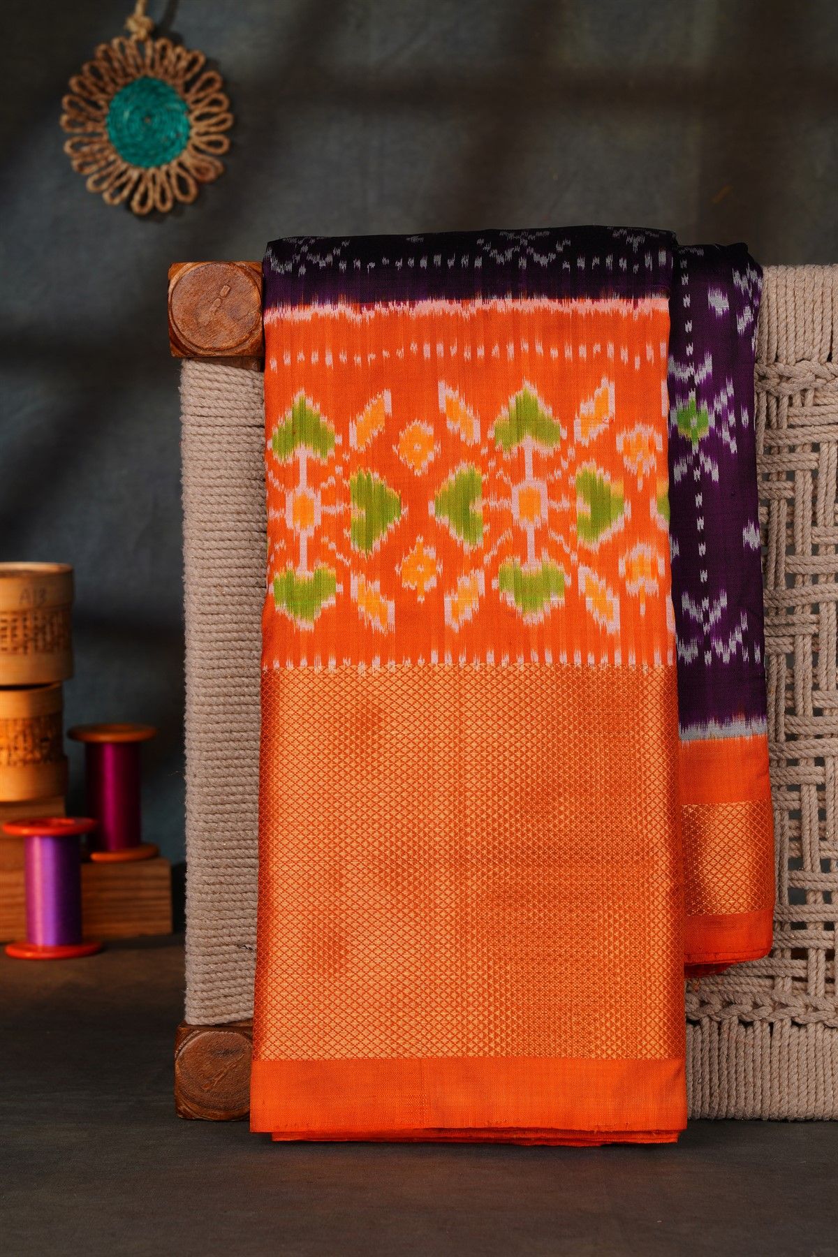 Ikat Silk Violet Saree With Diamonds In Zari And Florals Border