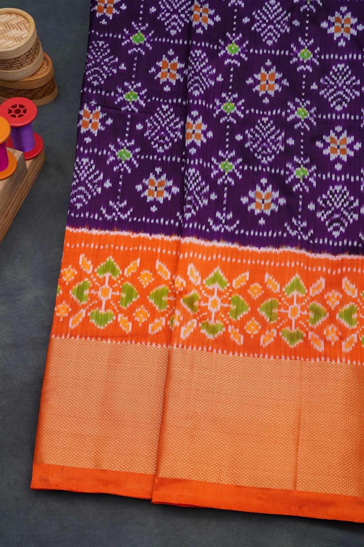 Ikat Silk Violet Saree With Diamonds In Zari And Florals Border